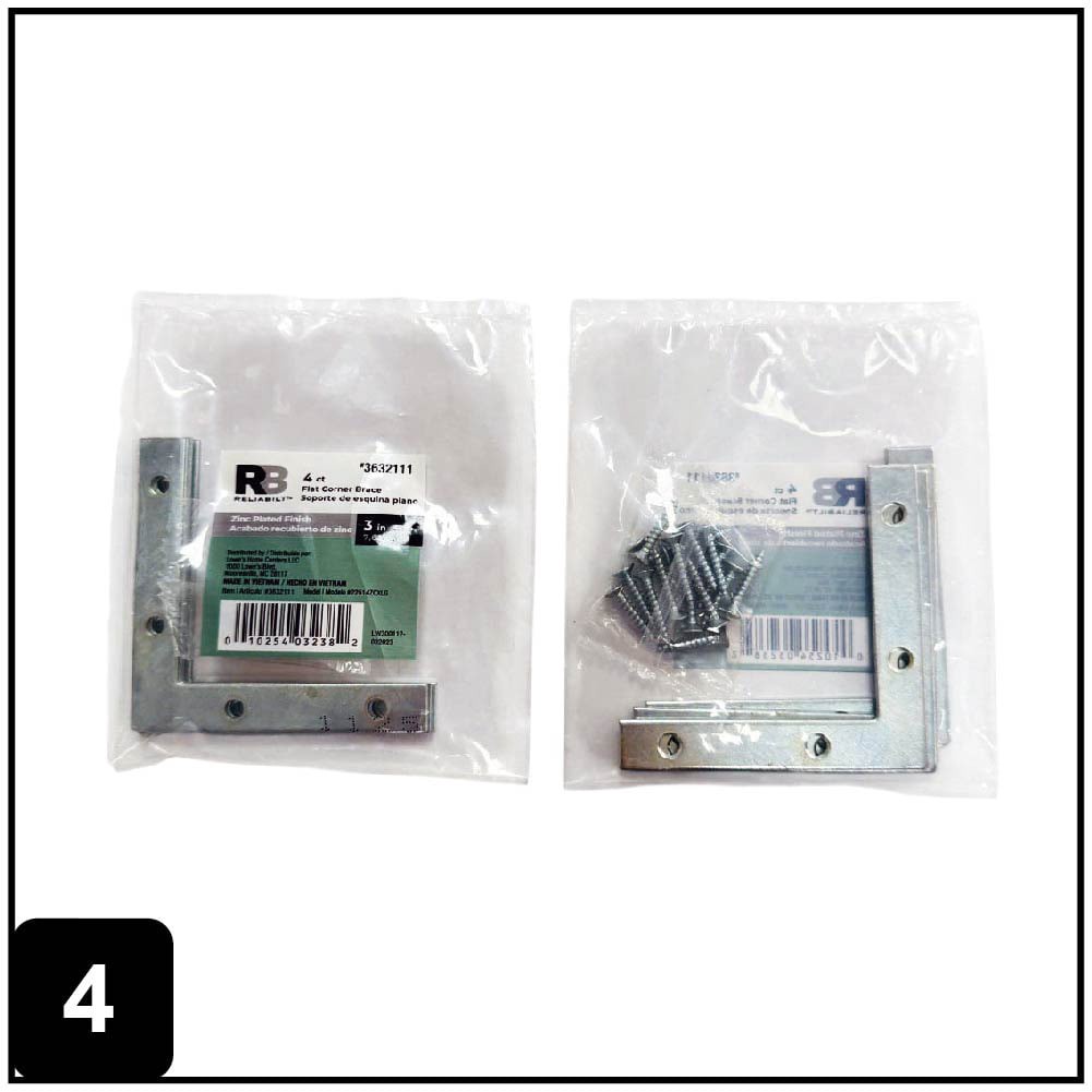 slide 5 of 6, RELIABILT 3-in x 0.5-in x 3-in 1.5 -Gauge Zinc-plated Steel Flat brace 4 -Pack, 1 ct