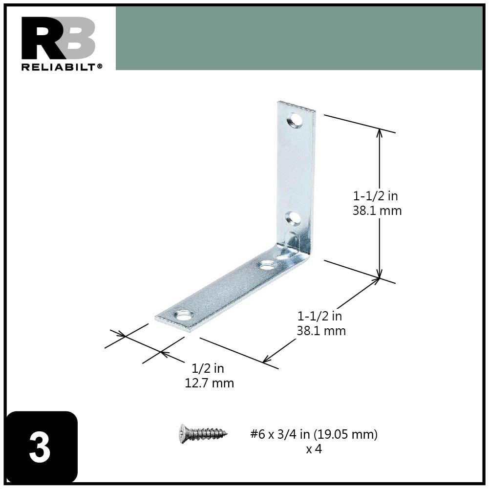 slide 4 of 6, RELIABILT 1.5-in x 0.5-in x 1.5-in 1.8 -Gauge Zinc-plated Steel Corner brace 20 -Pack, 1 ct