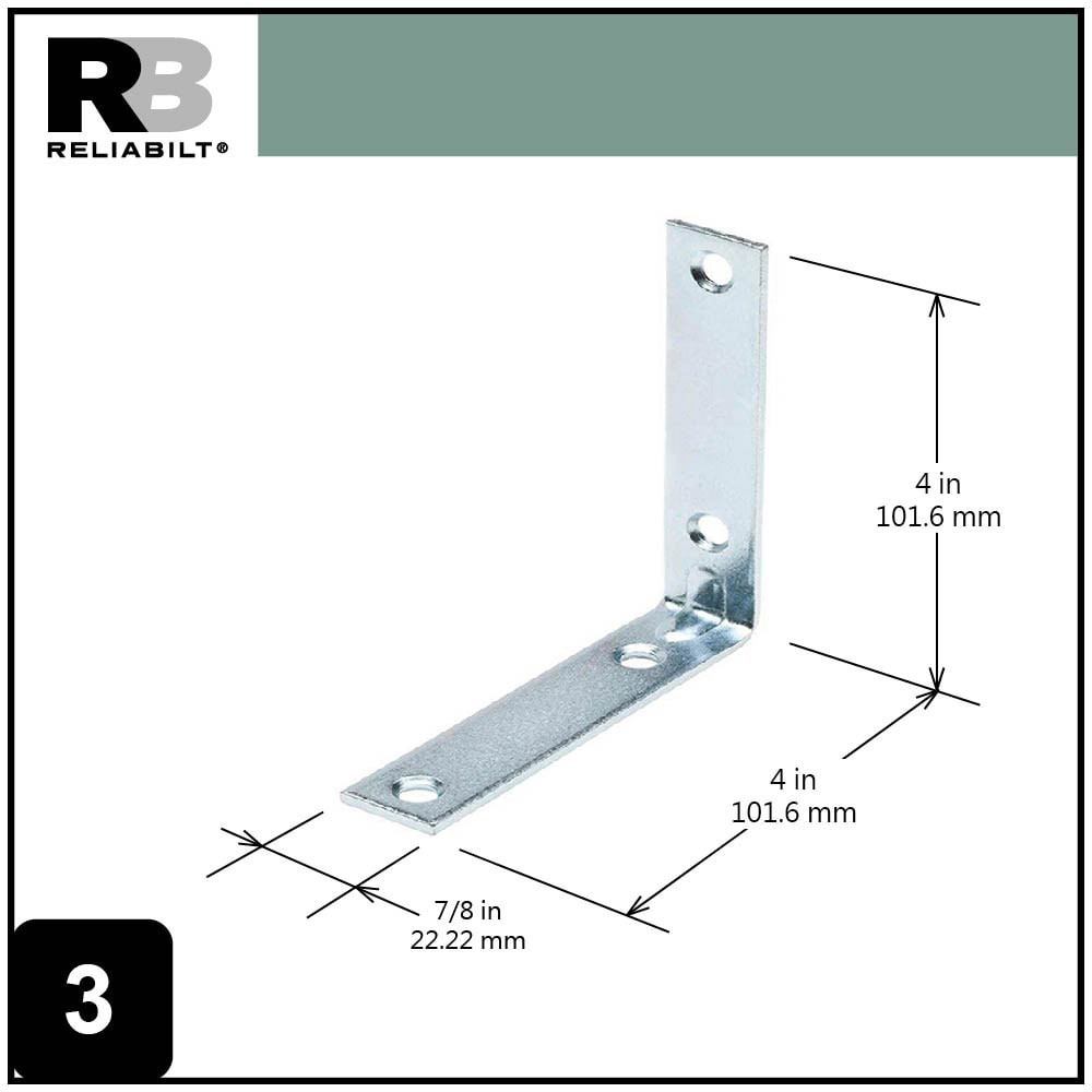 slide 4 of 6, RELIABILT 4-in x 0.875-in x 4-in 3 -Gauge Zinc-plated Steel Corner brace, 1 ct