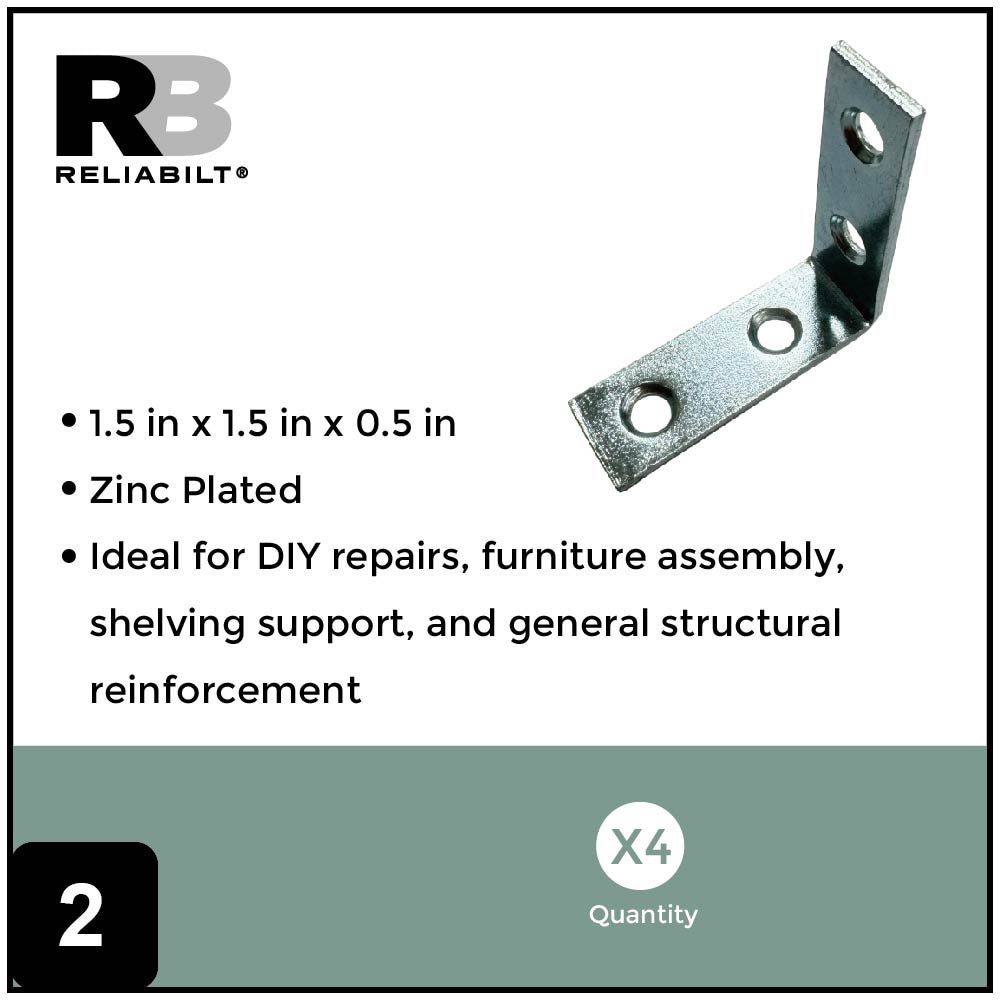 slide 2 of 6, RELIABILT 1.5-in x 0.5-in x 1.5-in 1.8 -Gauge Zinc-plated Steel Corner brace 4 -Pack, 1 ct