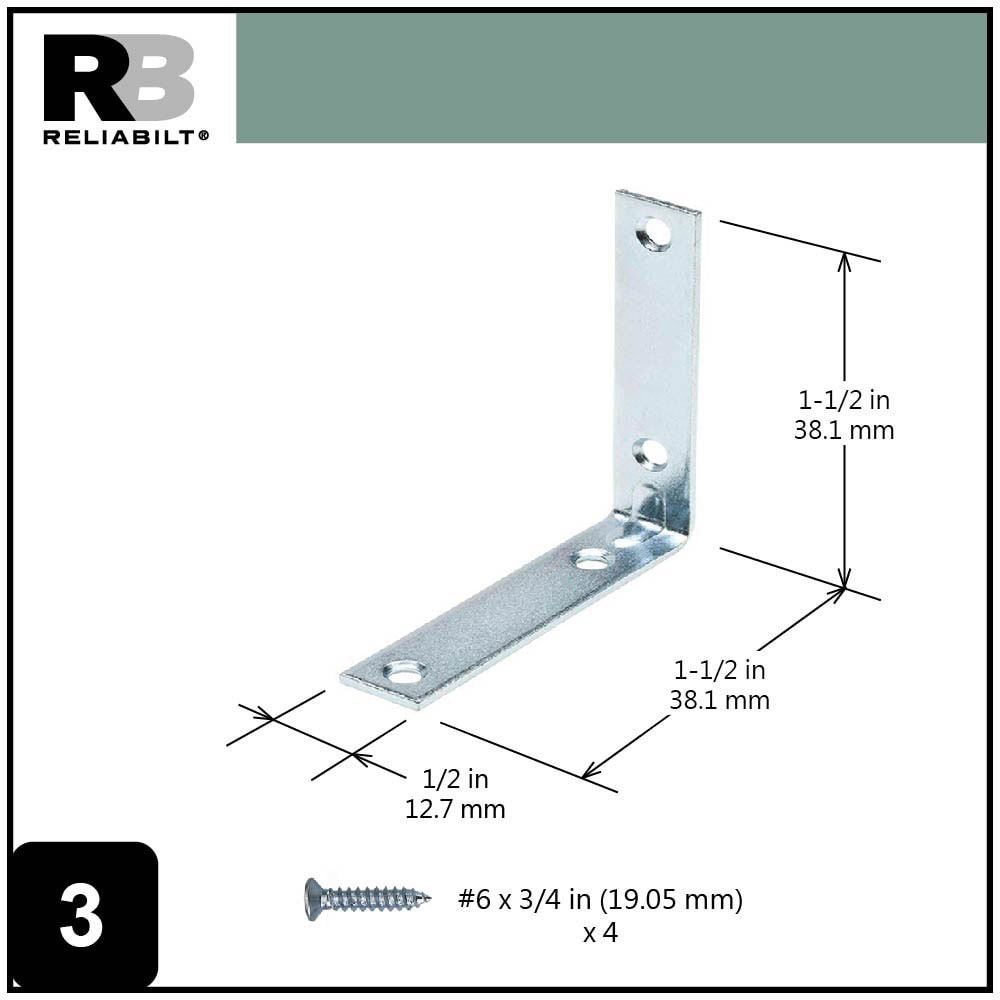 slide 3 of 6, RELIABILT 1.5-in x 0.5-in x 1.5-in 1.8 -Gauge Zinc-plated Steel Corner brace 4 -Pack, 1 ct