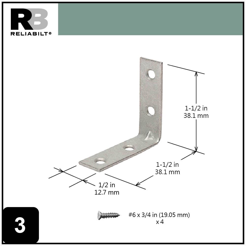 slide 3 of 6, RELIABILT 1.5-in x 0.5-in x 1.5-in 1.8 -Gauge Galvanized Steel Corner brace 2 -Pack, 1 ct