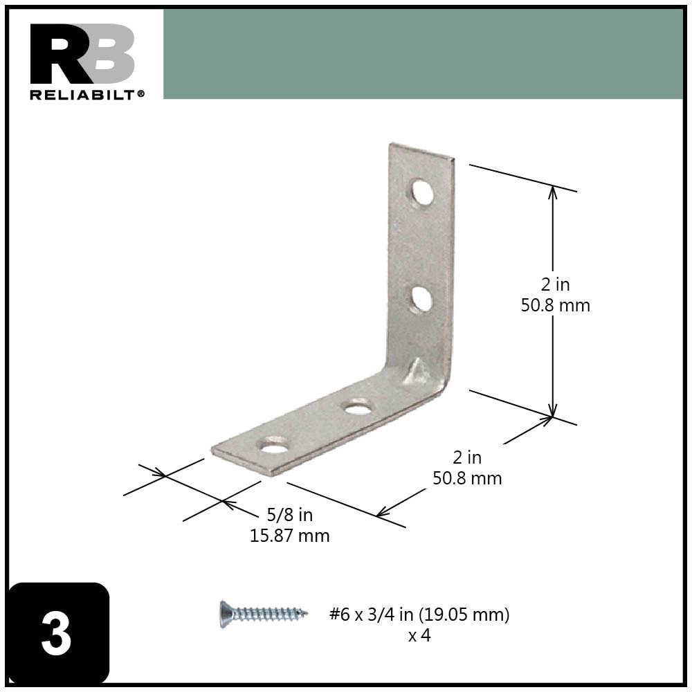 slide 3 of 6, RELIABILT 2-in x 0.625-in x 2-in 1.8 -Gauge Galvanized Steel Corner brace 2 -Pack, 1 ct