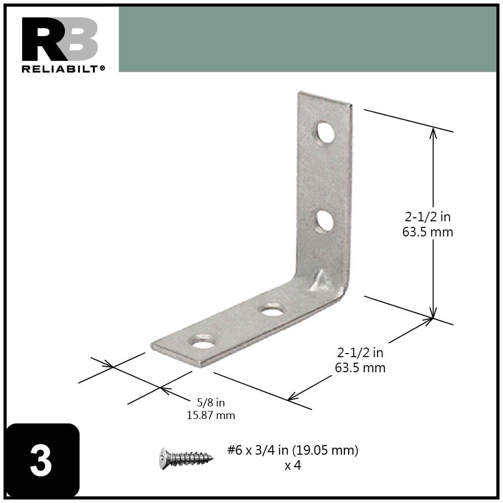 slide 3 of 6, RELIABILT 2.5-in x 0.625-in x 2.5-in 2 -Gauge Galvanized Steel Corner brace 2 -Pack, 1 ct