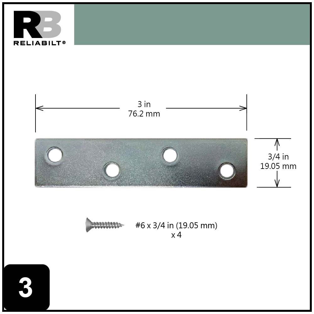 slide 3 of 6, RELIABILT 3-in x 0.75-in x 0.071-in 1.8 -Gauge Zinc-plated Steel Mending brace 4 -Pack, 1 ct