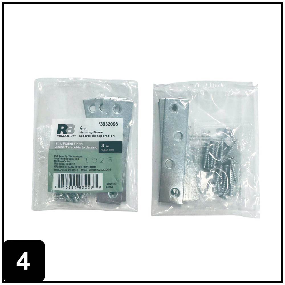 slide 4 of 6, RELIABILT 3-in x 0.75-in x 0.071-in 1.8 -Gauge Zinc-plated Steel Mending brace 4 -Pack, 1 ct