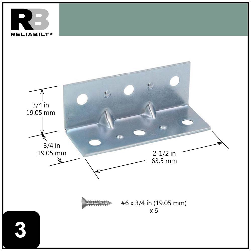 slide 3 of 6, RELIABILT 2.5-in x 0.75-in x 0.75-in 1 -Gauge Zinc-plated Steel Corner brace 4 -Pack, 1 ct