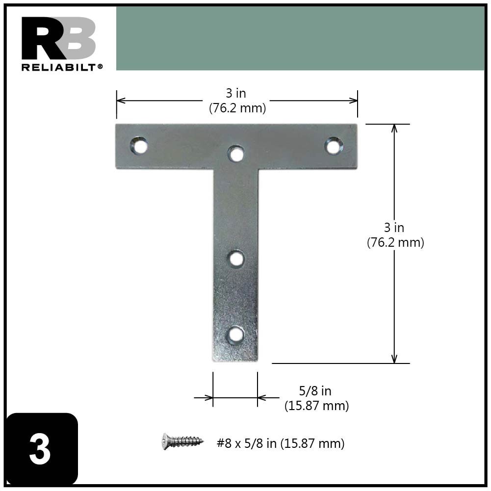 slide 4 of 6, RELIABILT 3-in x 0.625-in x 3-in 2 -Gauge Zinc-plated Steel T-Plate 2 -Pack, 1 ct