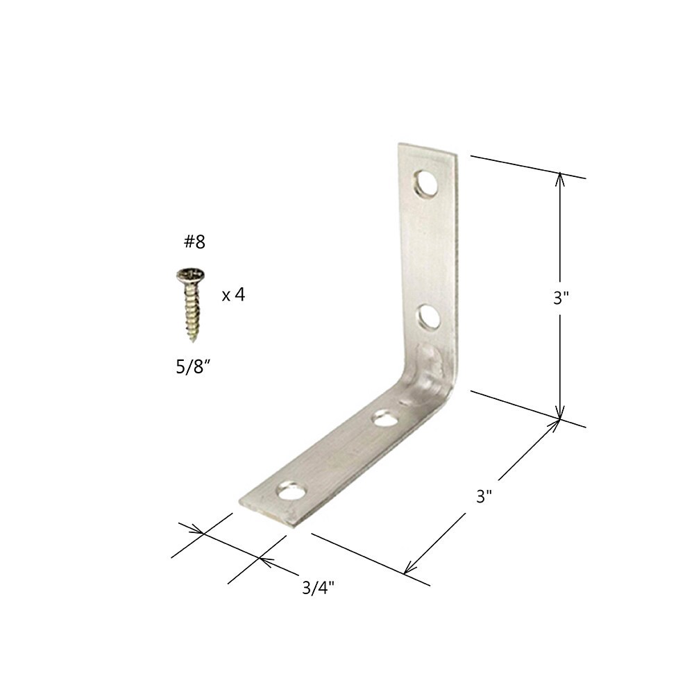 slide 3 of 5, RELIABILT Corner Brace 3-in x 0.75-in x 3-in 2.5 -Gauge Stainless steel Stainless steel Corner brace 4 -Pack, 1 ct