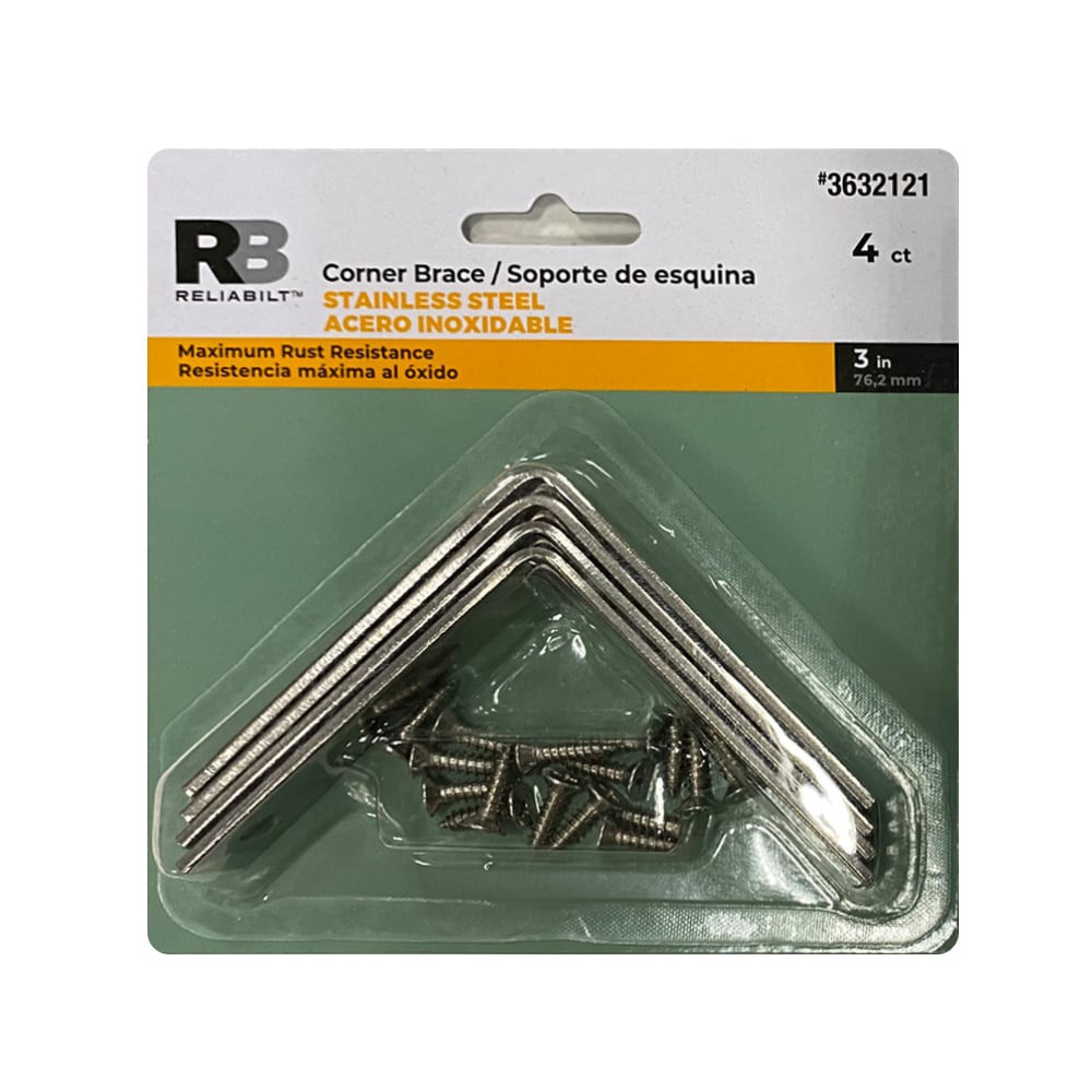 slide 4 of 5, RELIABILT Corner Brace 3-in x 0.75-in x 3-in 2.5 -Gauge Stainless steel Stainless steel Corner brace 4 -Pack, 1 ct