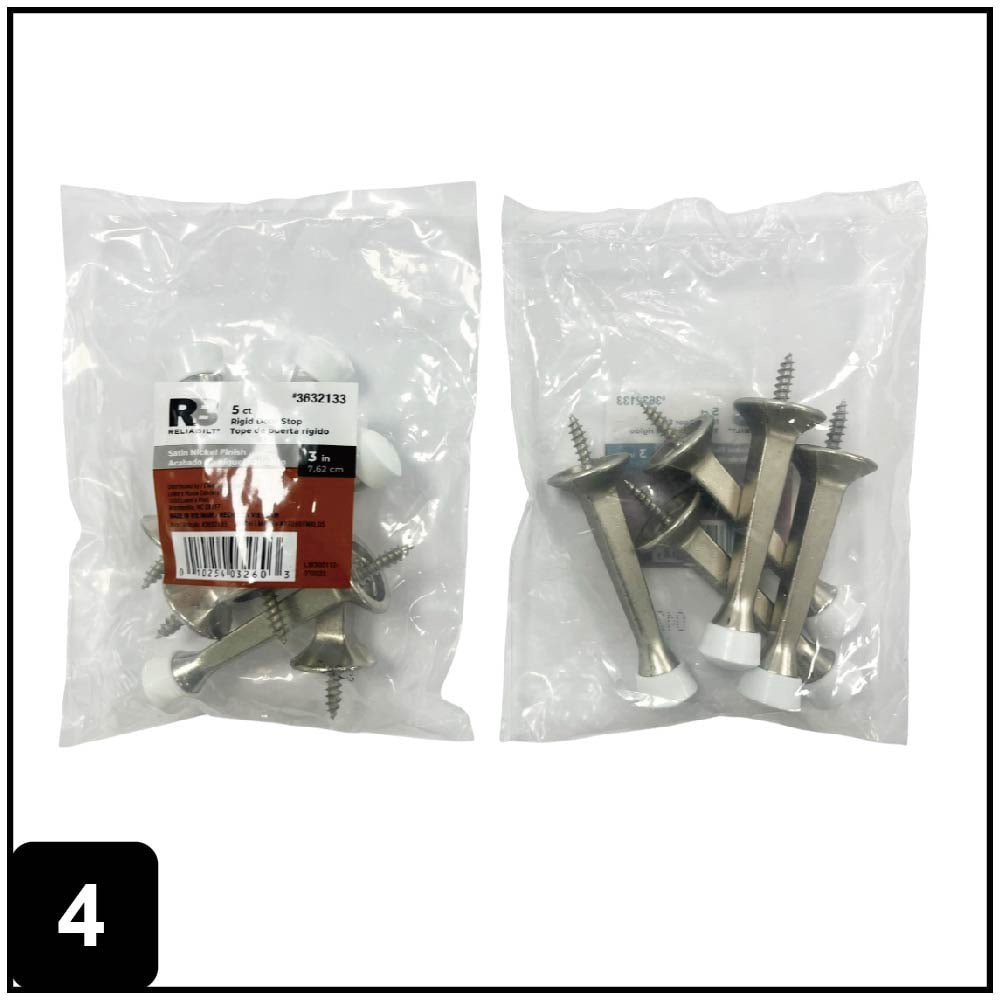 slide 4 of 6, RELIABILT 3-7/10-in Satin nickel Rigid Door Stop 5 -Pack, 1 ct