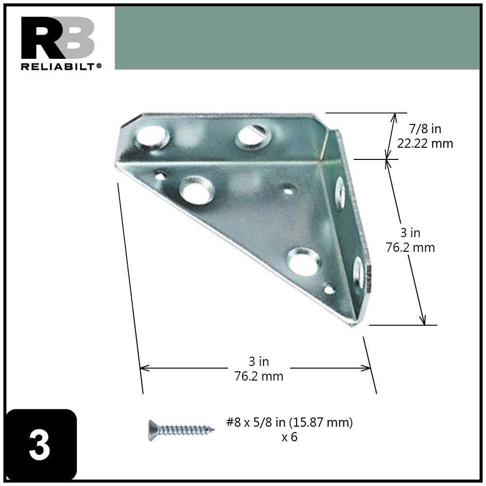 slide 3 of 6, RELIABILT 3-in x 3-in x 0.82-in 2 -Gauge Zinc-plated Steel Corner brace 2 -Pack, 1 ct