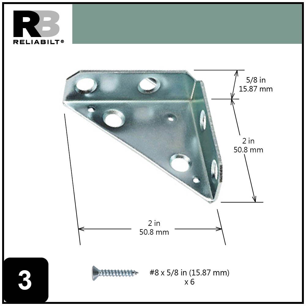 slide 3 of 6, RELIABILT 2-in x 2-in x 0.61-in 1.5 -Gauge Zinc-plated Steel Corner brace 2 -Pack, 1 ct