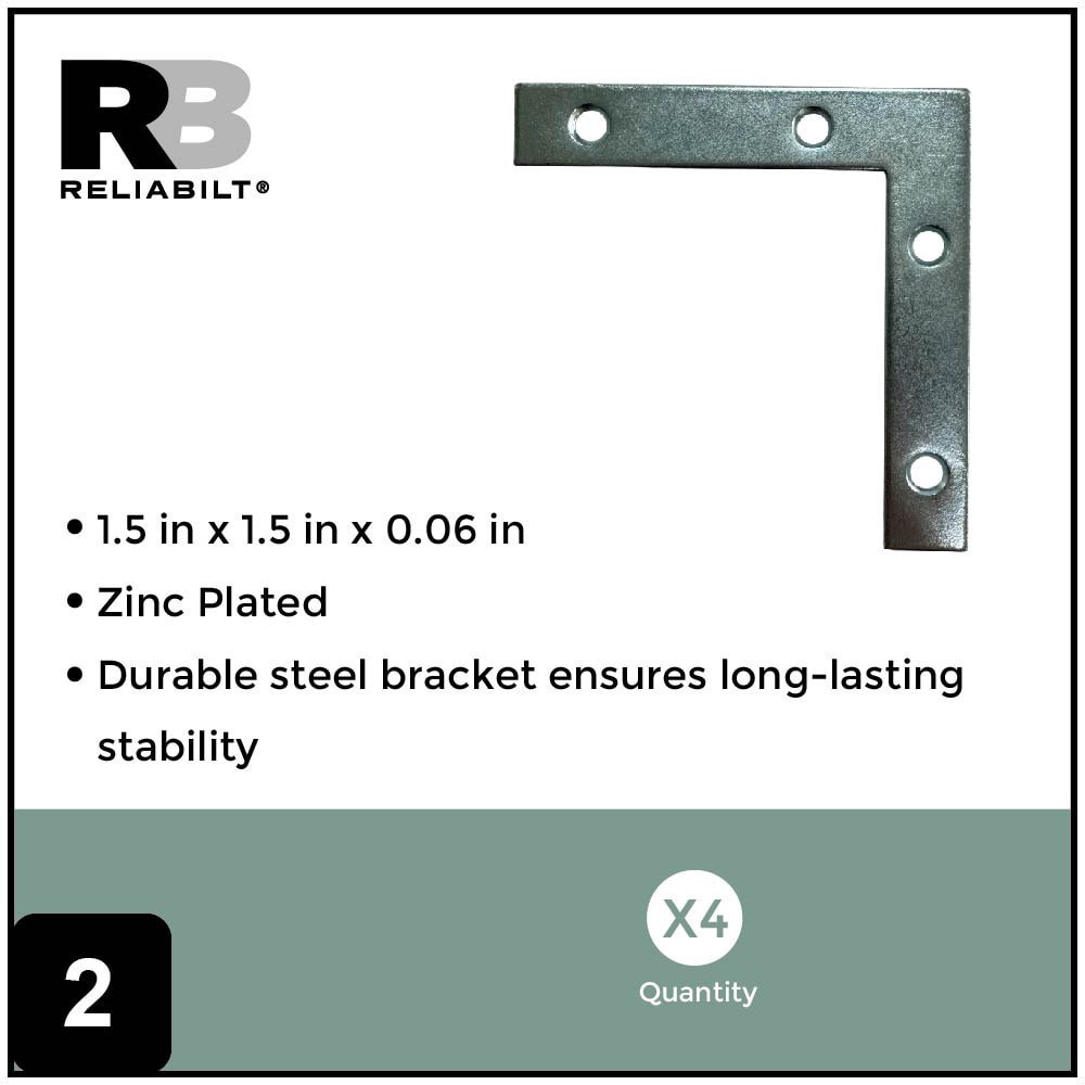 slide 2 of 6, RELIABILT 1.5-in x 0.375-in x 1.5-in 1.5 -Gauge Zinc-plated Steel Flat brace 4 -Pack, 1 ct