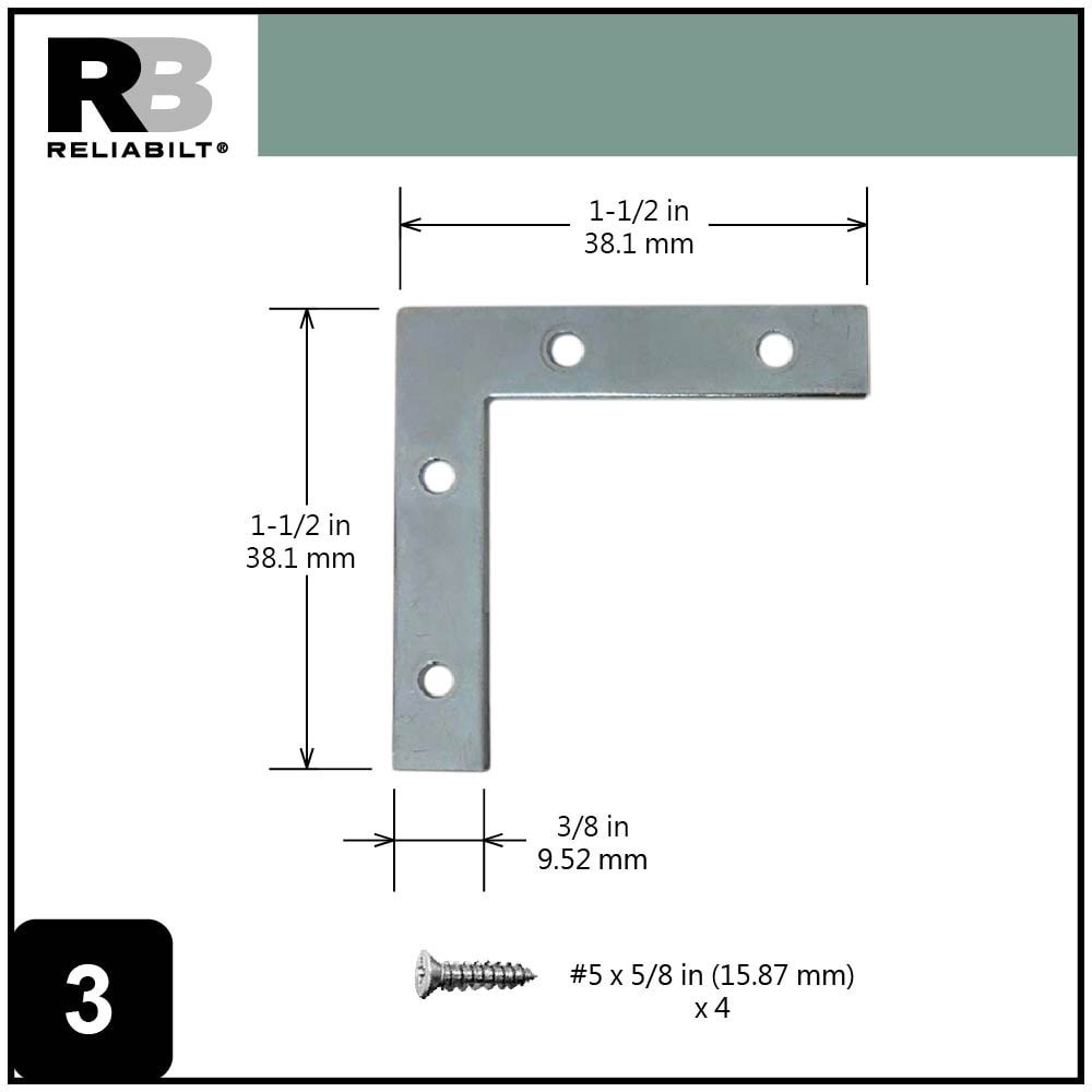 slide 3 of 6, RELIABILT 1.5-in x 0.375-in x 1.5-in 1.5 -Gauge Zinc-plated Steel Flat brace 4 -Pack, 1 ct