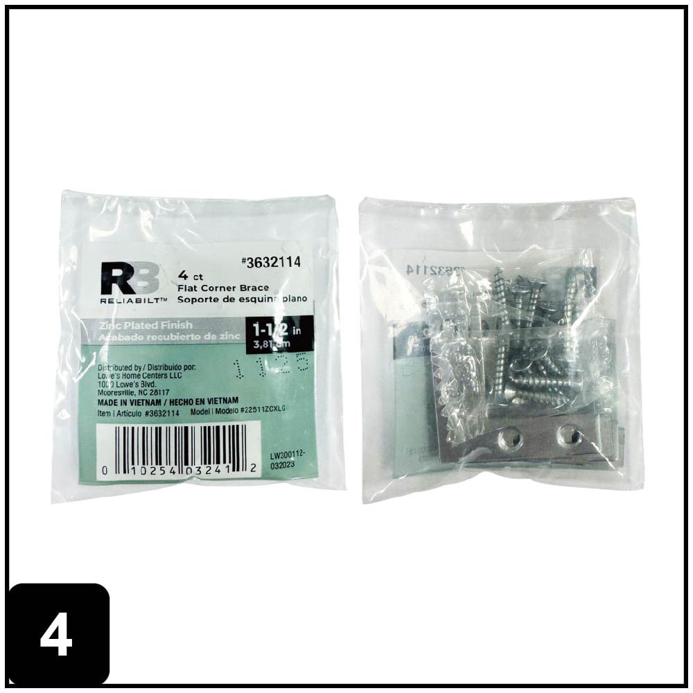 slide 4 of 6, RELIABILT 1.5-in x 0.375-in x 1.5-in 1.5 -Gauge Zinc-plated Steel Flat brace 4 -Pack, 1 ct