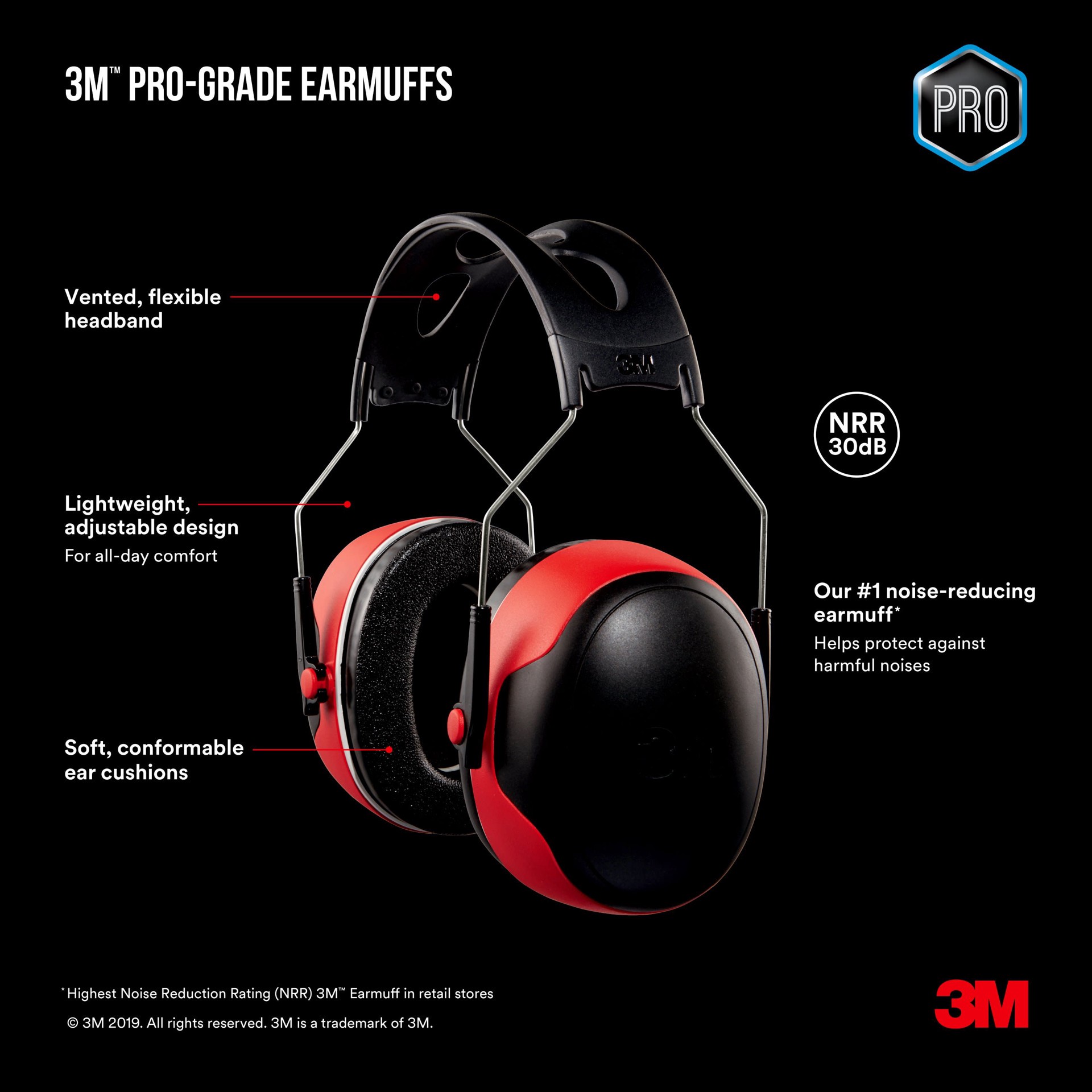 slide 4 of 6, 3M Pro Grade Reusable Cordless Hearing Protection Earmuffs 30 dB Noise Reduction Rating, 1 ct