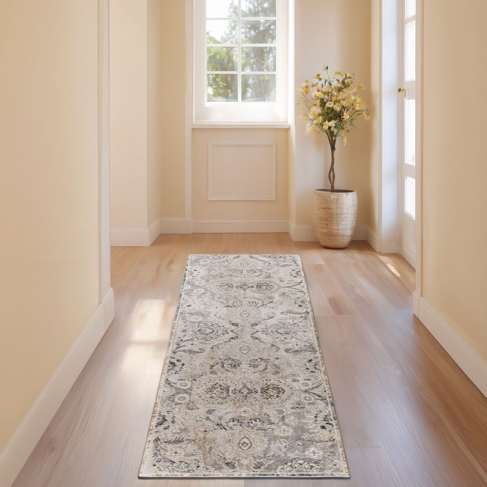 slide 3 of 6, allen + roth Delft 2 x 8 (ft) Loomed Gray Rectangular Indoor Floral/Botanical Persian Pet Friendly Runner rug, 1 ct
