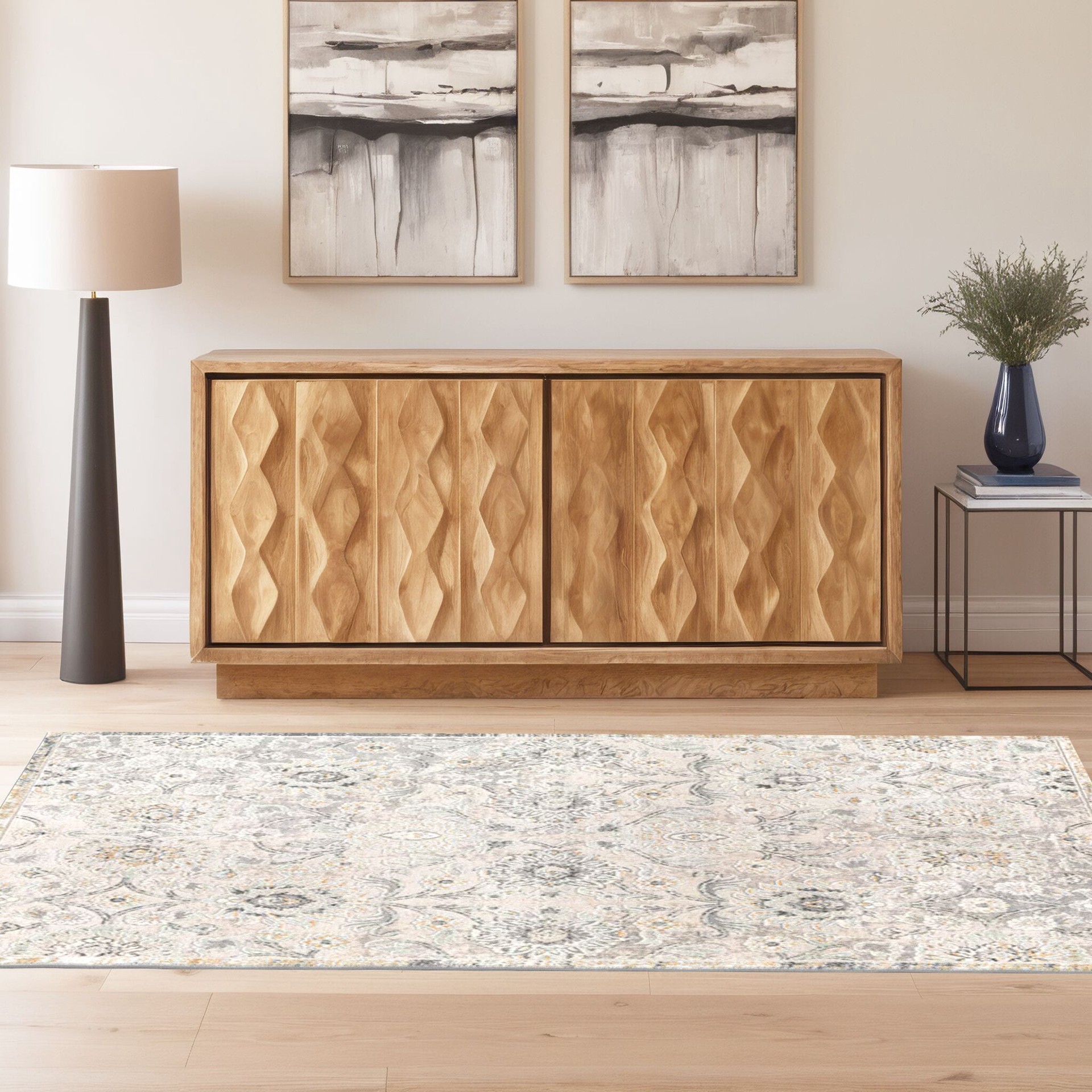 slide 2 of 6, allen + roth Delft 5 x 8 (ft) Loomed Gray Rectangular Indoor Floral/Botanical Persian Pet Friendly Area rug, 1 ct