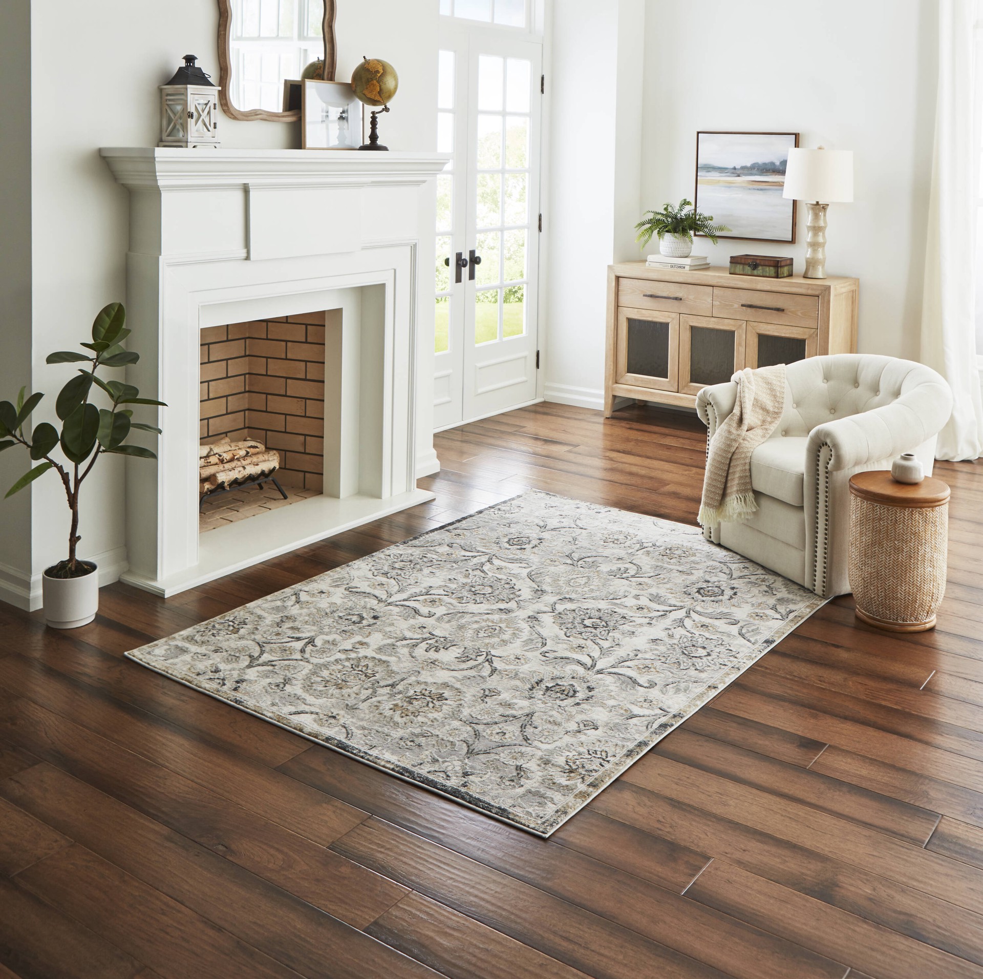 slide 1 of 6, allen + roth Delft 5 x 8 (ft) Loomed Gray Rectangular Indoor Floral/Botanical Persian Pet Friendly Area rug, 1 ct