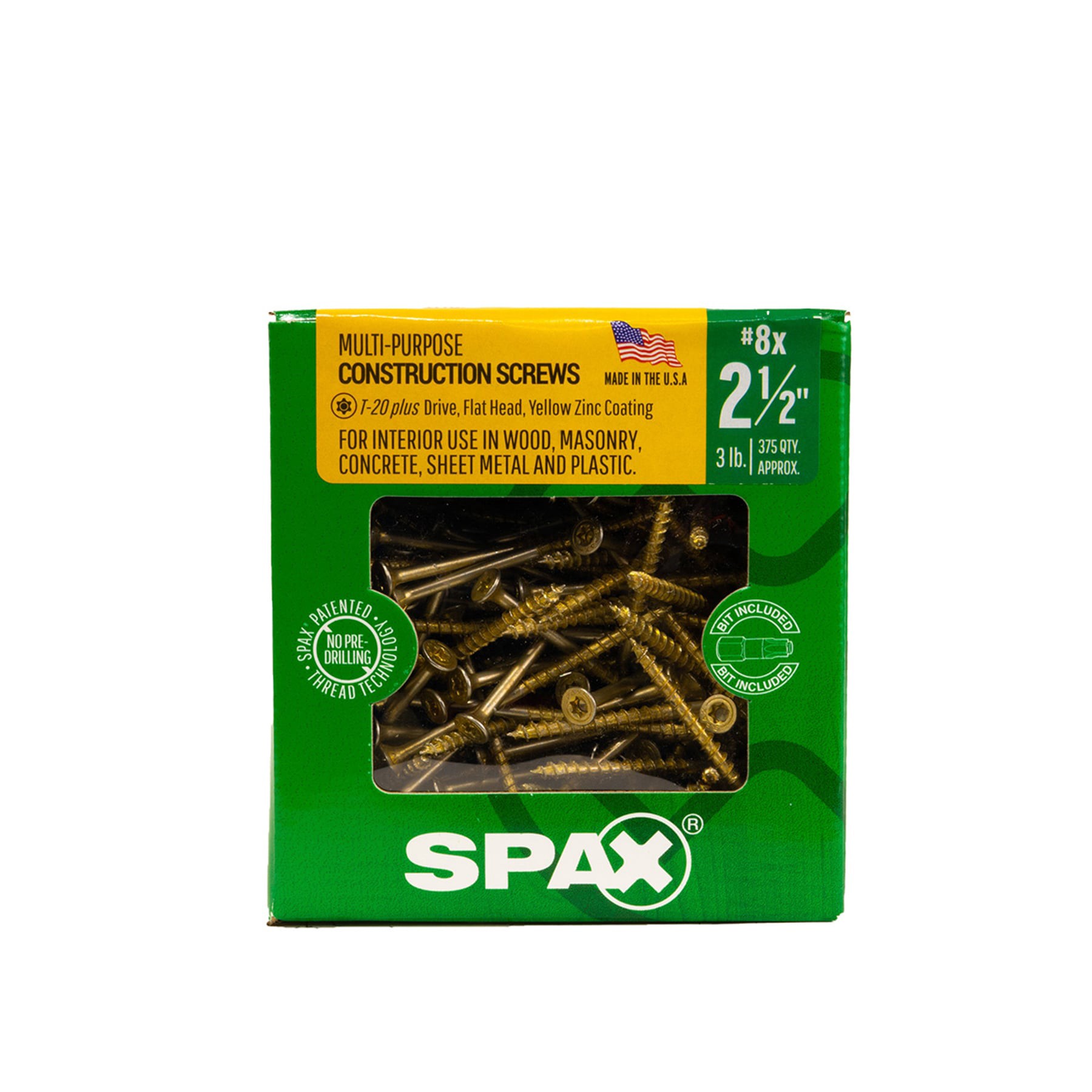 slide 3 of 6, SPAX Construction Framing Countersunk Flush Finish #8 x 2-1/2-in Yellow zinc Interior Wood screws ( 375 -Per Box ), 1 ct