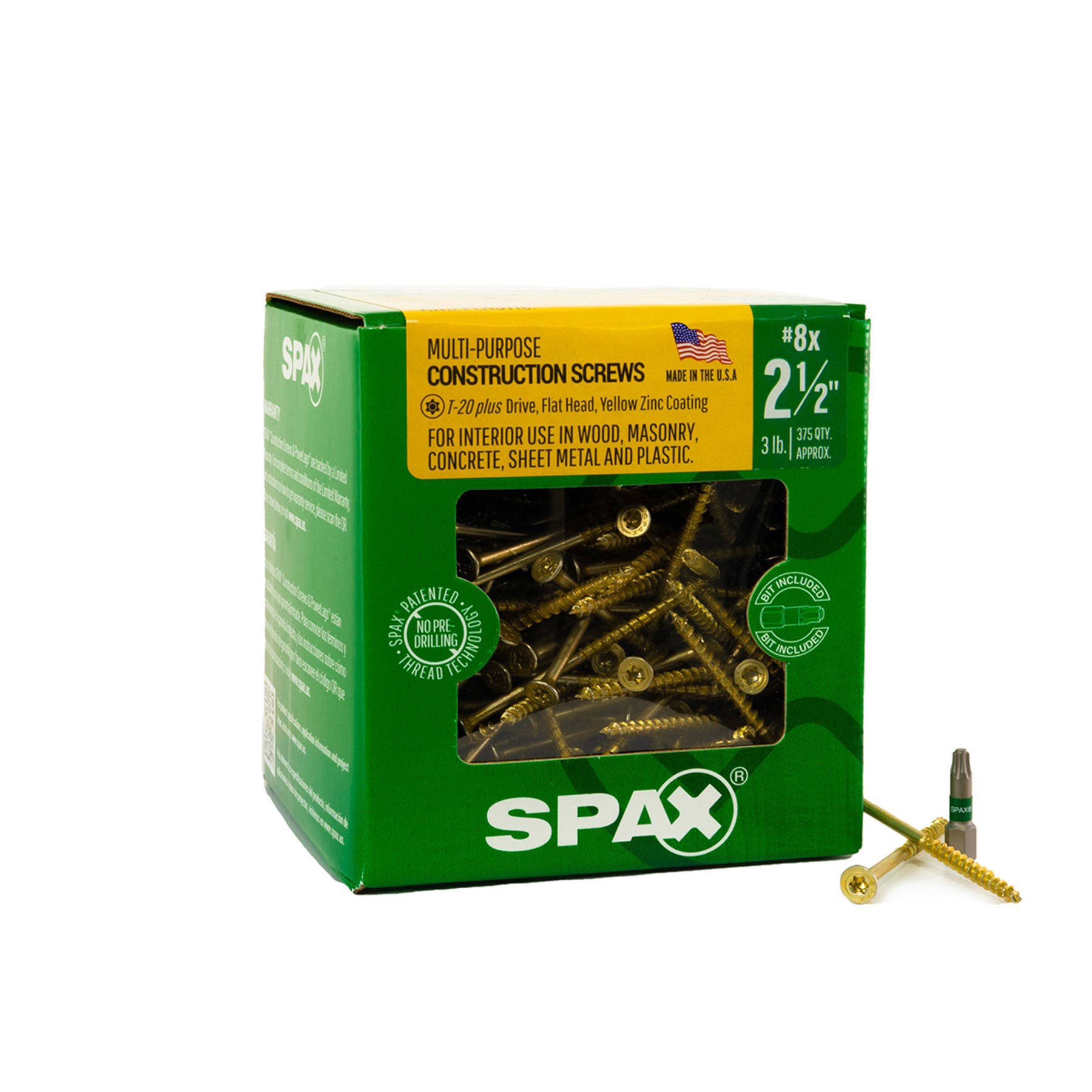 slide 1 of 6, SPAX Construction Framing Countersunk Flush Finish #8 x 2-1/2-in Yellow zinc Interior Wood screws ( 375 -Per Box ), 1 ct