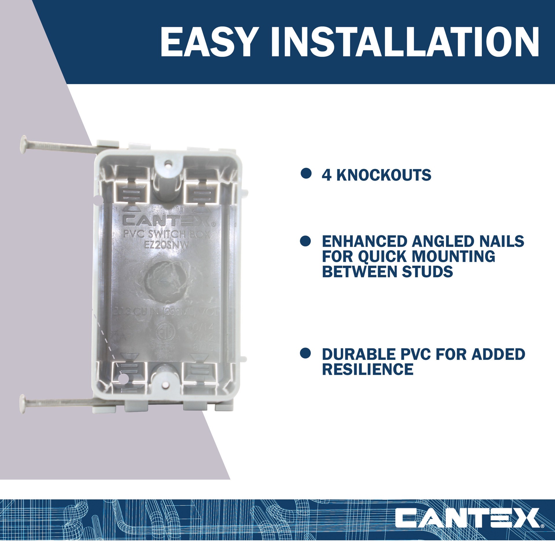 slide 6 of 6, CANTEX 1 -Gang PVC New work Switch/Outlet Electrical Box, 1 ct