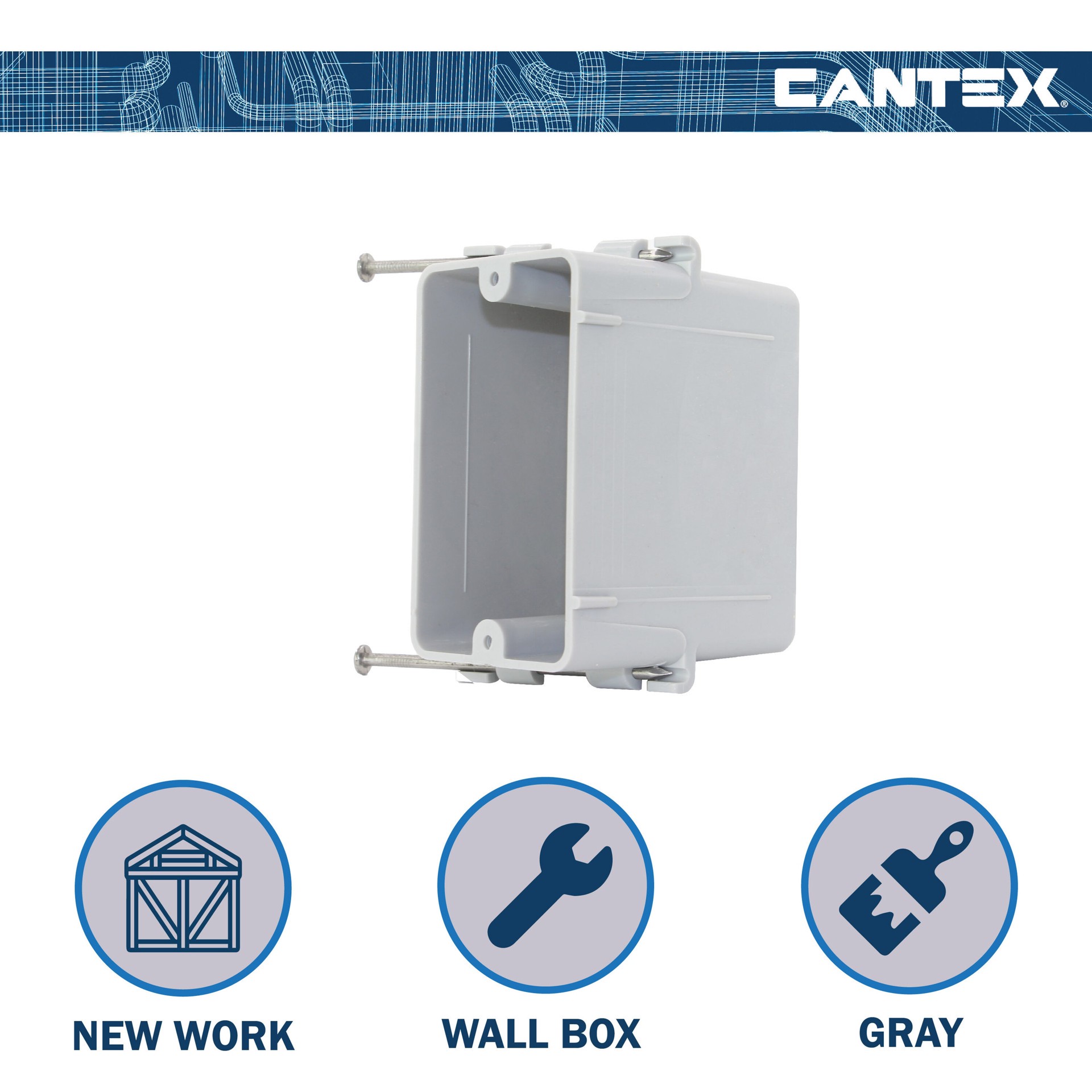 slide 5 of 6, CANTEX 1 -Gang PVC New work Switch/Outlet Electrical Box, 1 ct