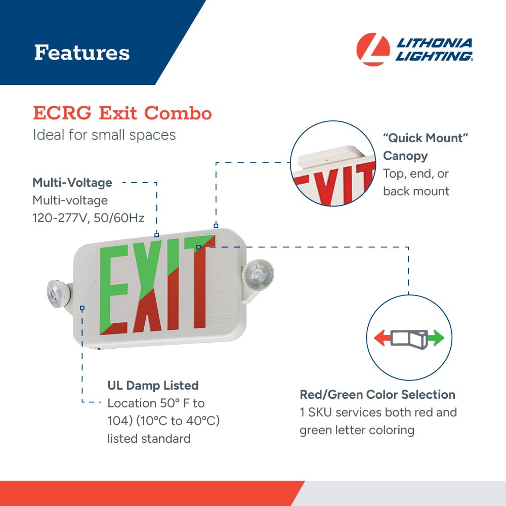 slide 3 of 6, Lithonia Lighting Contractor Select ECRG 2.0 -Watt 120-277 -Volt LED White Hardwired Exit Light with Red/Green Lights, 1 ct