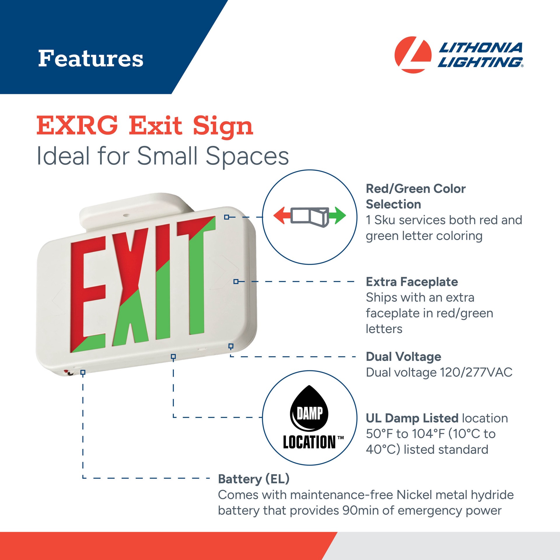 slide 3 of 6, Lithonia Lighting Contractor Select EXRG 0.3 -Watt 120/277 -Volt LED White Hardwired Exit light with Red/Green Lights, 1 ct
