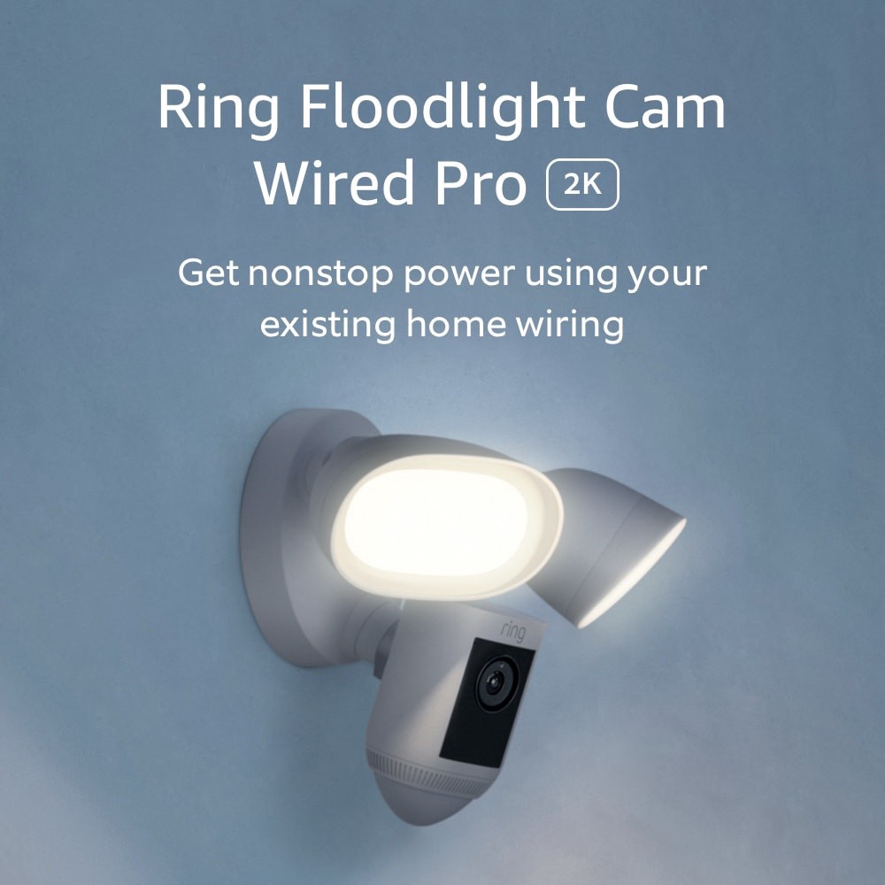 slide 5 of 6, Ring Floodlight Cam Pro with 2K Video and Ring Vision, 2 LED Lights, Dual Band Wi-Fi, and 3D Motion Detection, White, 1 ct