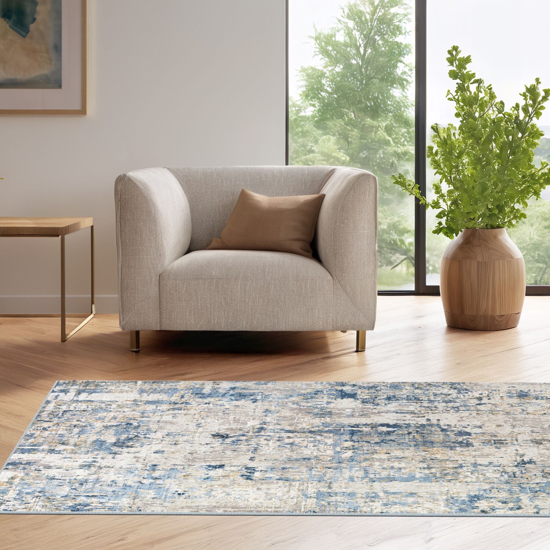 slide 3 of 6, Origin 21 with STAINMASTER Quatro 5 x 8 (ft) Loomed Polyester/Polypropylene Blue Rectangular Indoor Abstract Mid-Century Modern House Wahable Pet Friendly Area rug, 1 ct