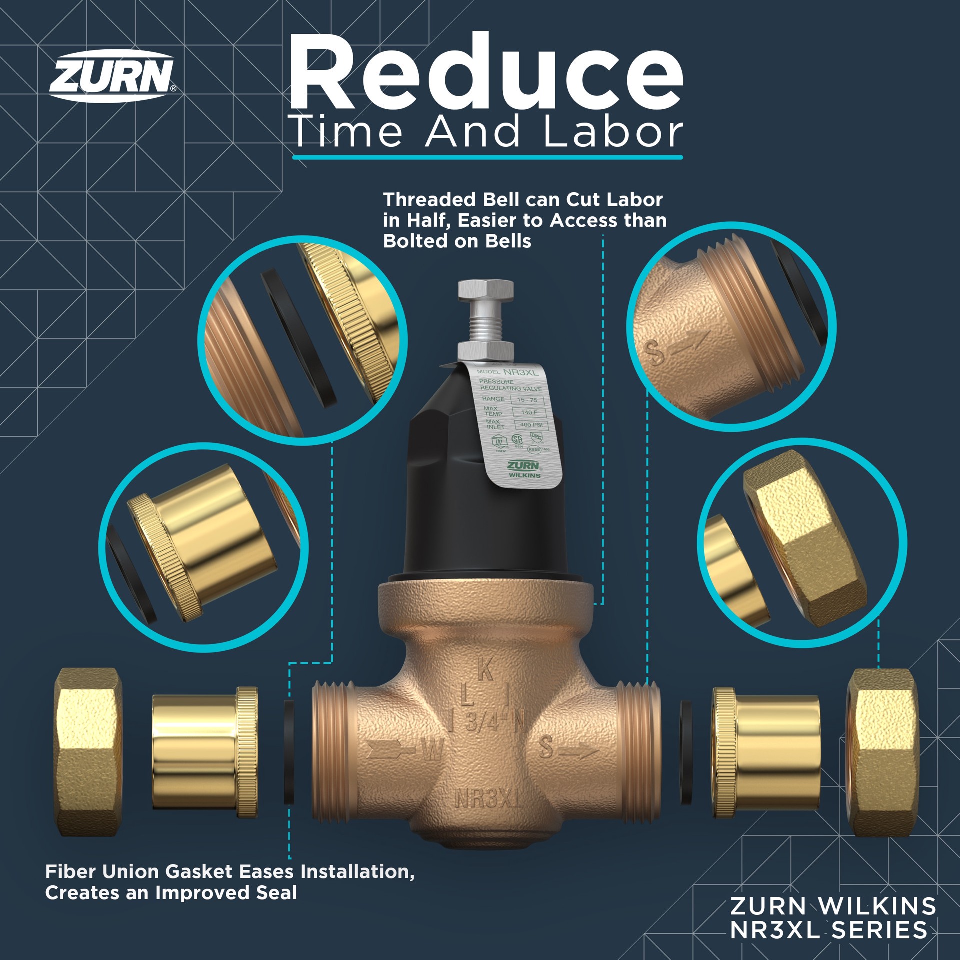 slide 5 of 6, Zurn Wilkins 3/4-in PEX Bronze Pressure regulator valve, 1 ct