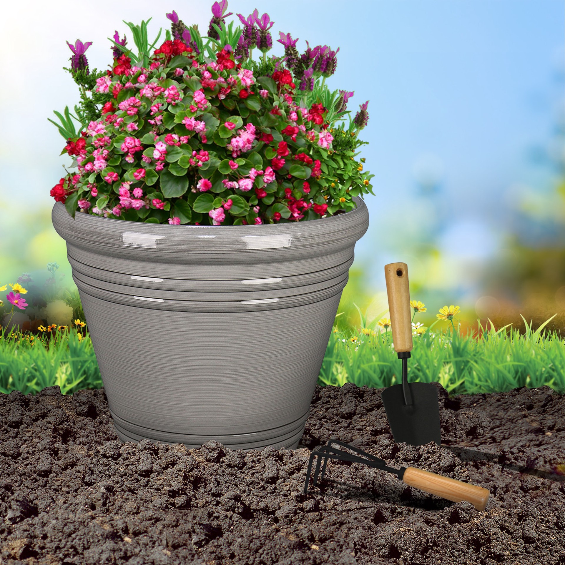 slide 5 of 6, Style Selections 20.35-in W x 17.38-in H Gray Resin Contemporary/Modern Indoor/Outdoor Planter, 1 ct