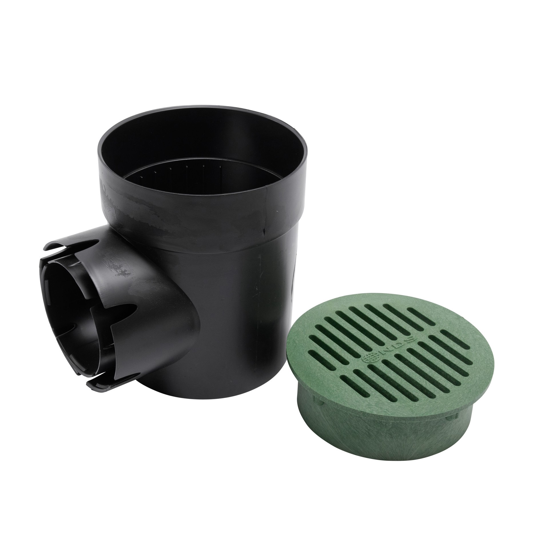 slide 2 of 5, NDS 6-in Round Spee-D Catch Basin Drain Kit with 1-Outlet Catch Basin & Green Plastic Round Grate, 1 ct