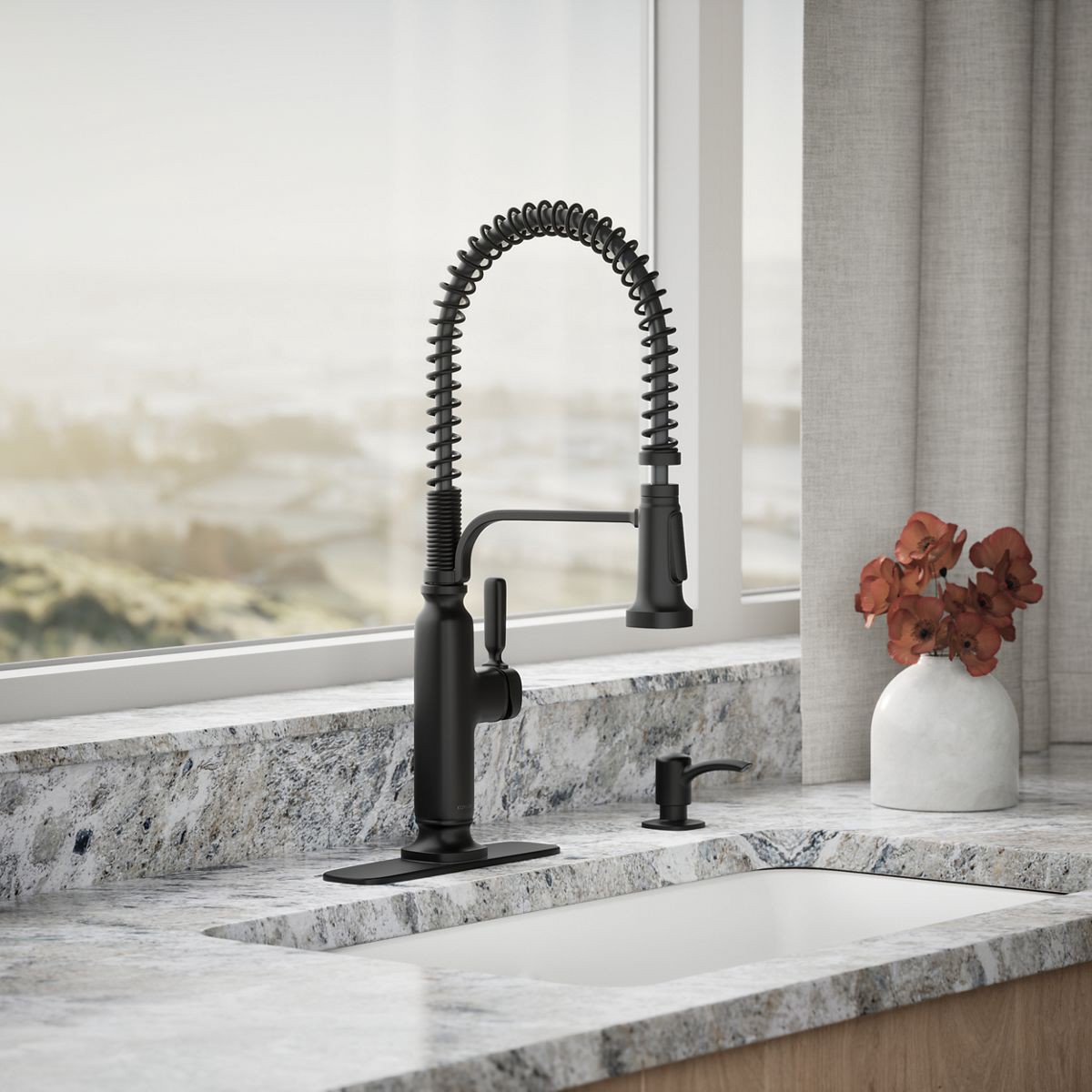 slide 2 of 6, KOHLER Ealing Pre-Rinse Spring Matte Black Single Handle Deck-mount Pull-down Kitchen Faucet with Sprayer ( Deck Plate Included ) (Soap Dispenser Included), 1 ct