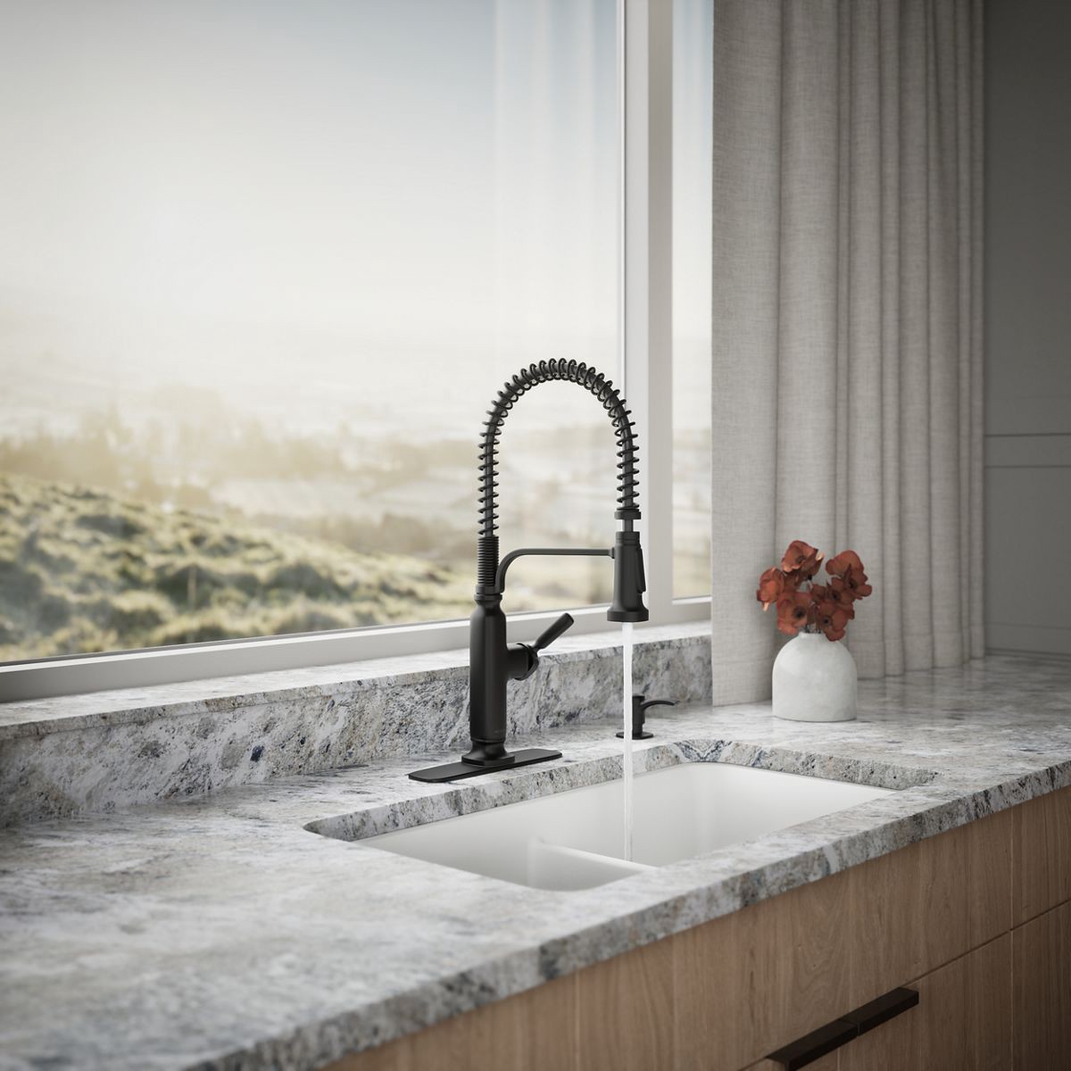 slide 4 of 6, KOHLER Ealing Pre-Rinse Spring Matte Black Single Handle Deck-mount Pull-down Kitchen Faucet with Sprayer ( Deck Plate Included ) (Soap Dispenser Included), 1 ct