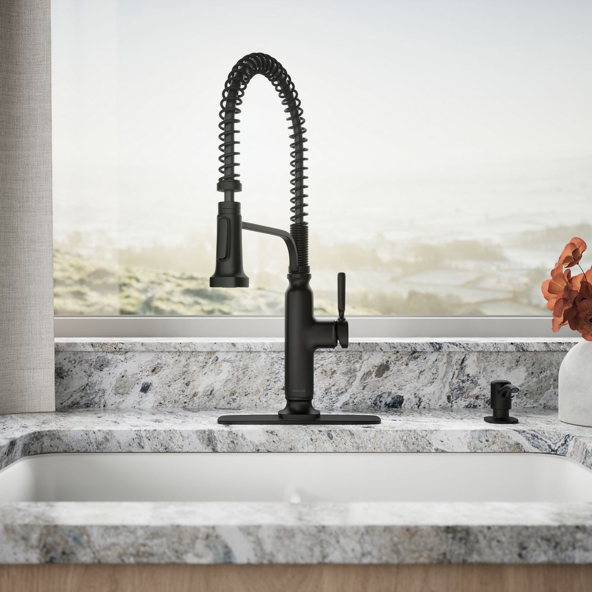 slide 5 of 6, KOHLER Ealing Pre-Rinse Spring Matte Black Single Handle Deck-mount Pull-down Kitchen Faucet with Sprayer ( Deck Plate Included ) (Soap Dispenser Included), 1 ct