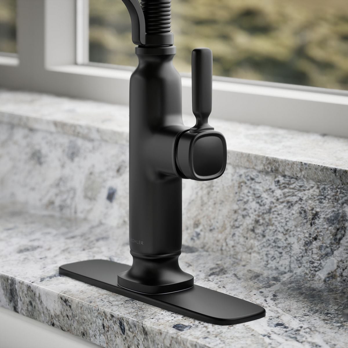 slide 6 of 6, KOHLER Ealing Pre-Rinse Spring Matte Black Single Handle Deck-mount Pull-down Kitchen Faucet with Sprayer ( Deck Plate Included ) (Soap Dispenser Included), 1 ct