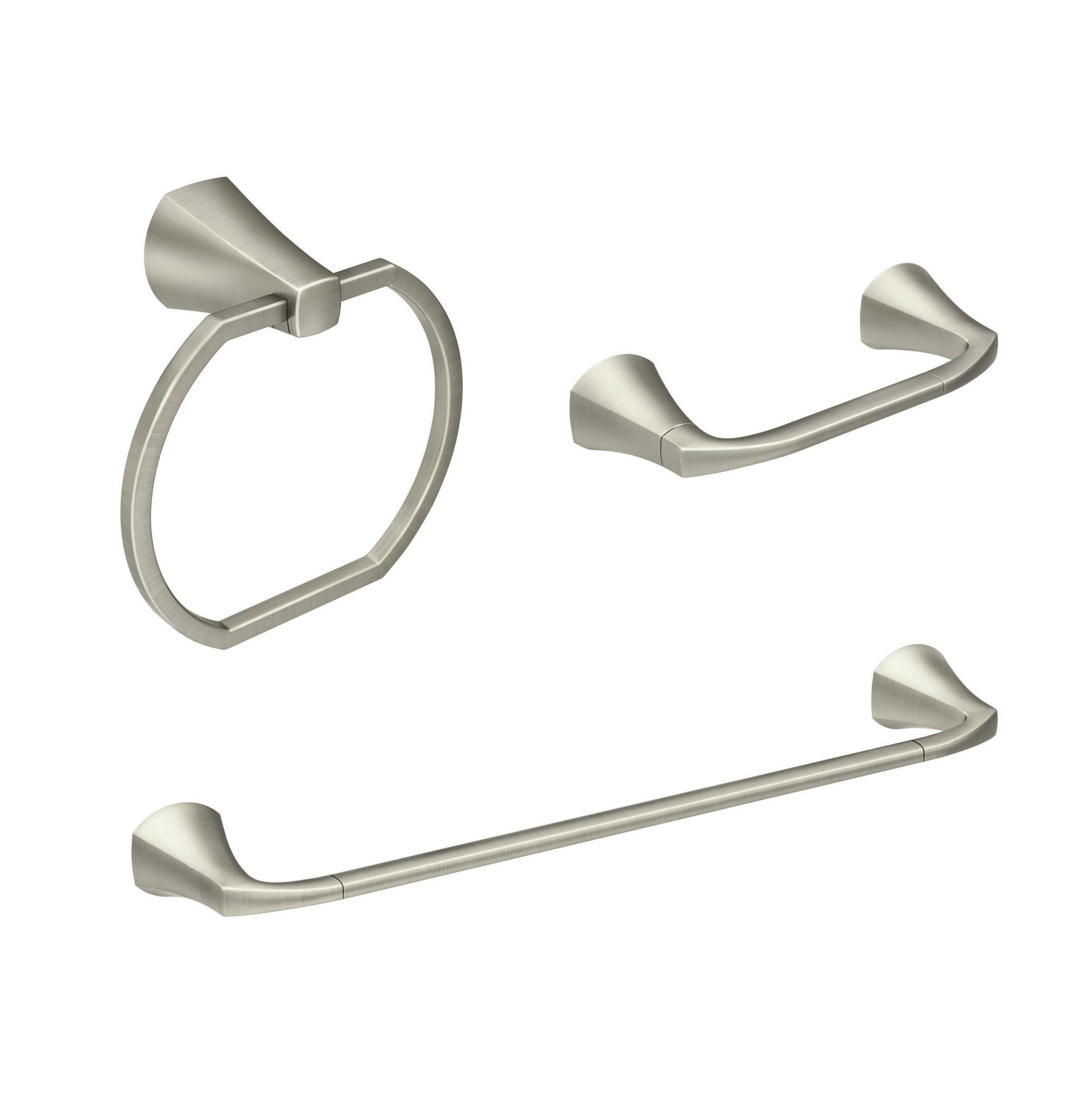 slide 1 of 6, Moen 3 -Piece Lindor Brushed Nickel Decorative Bathroom Hardware Set Towel Bar, Toilet Paper Holder, Towel Ring Included, 1 ct