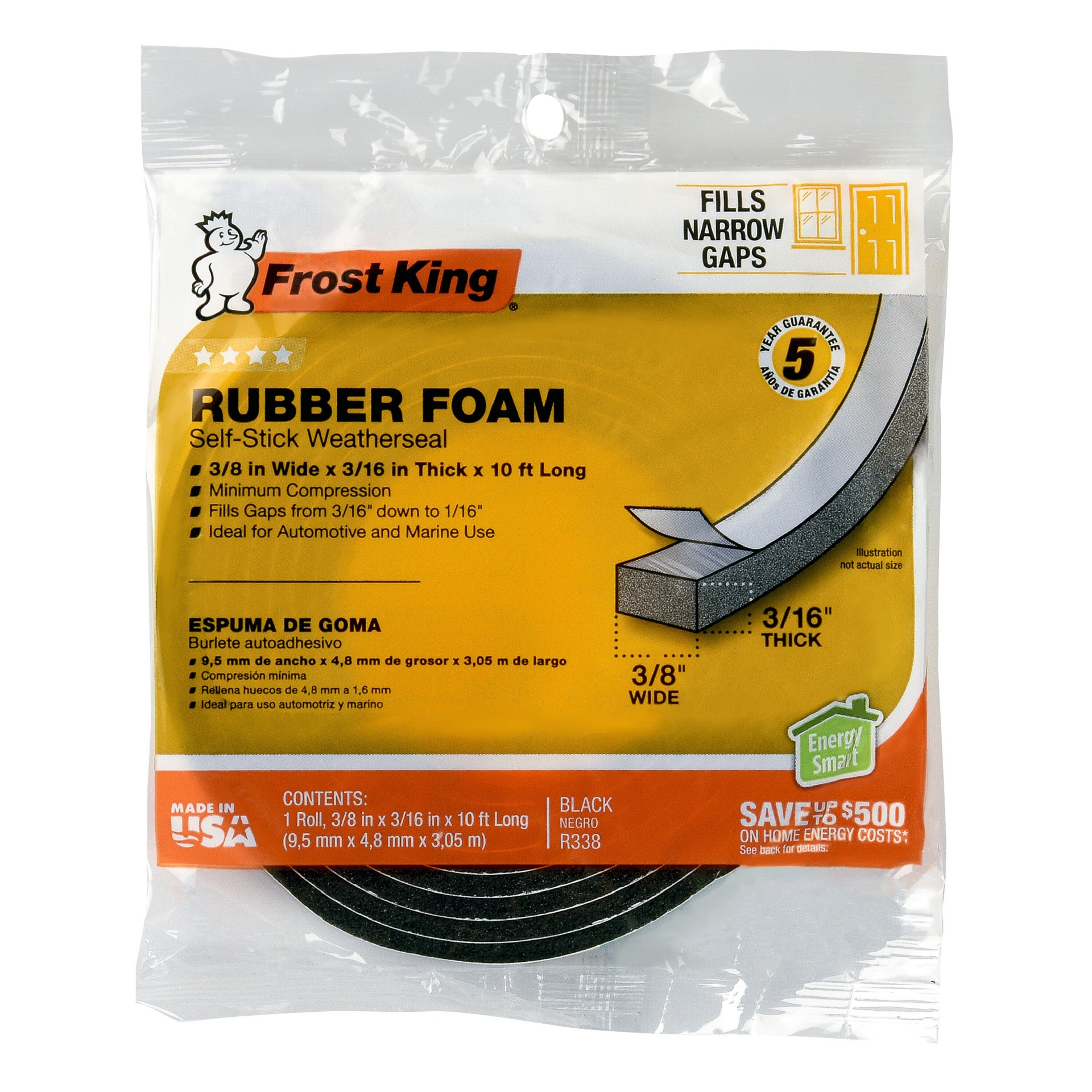 slide 3 of 6, Frost King 10-ft x 3/16-in x 3/8-in black Rubber foam Door Weatherstrip, 1 ct