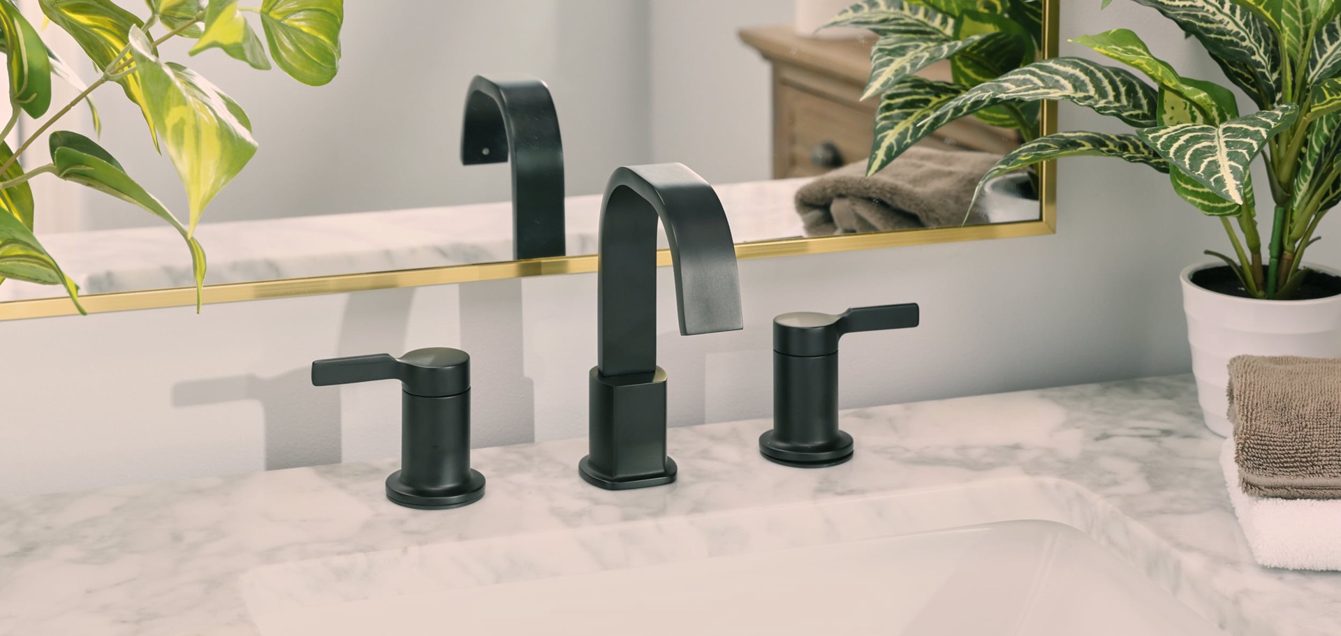 slide 4 of 6, allen + roth Veda Matte Black Widespread 2-handle WaterSense High-arc Residential Handle Bathroom Sink Faucet with Drain, 1 ct