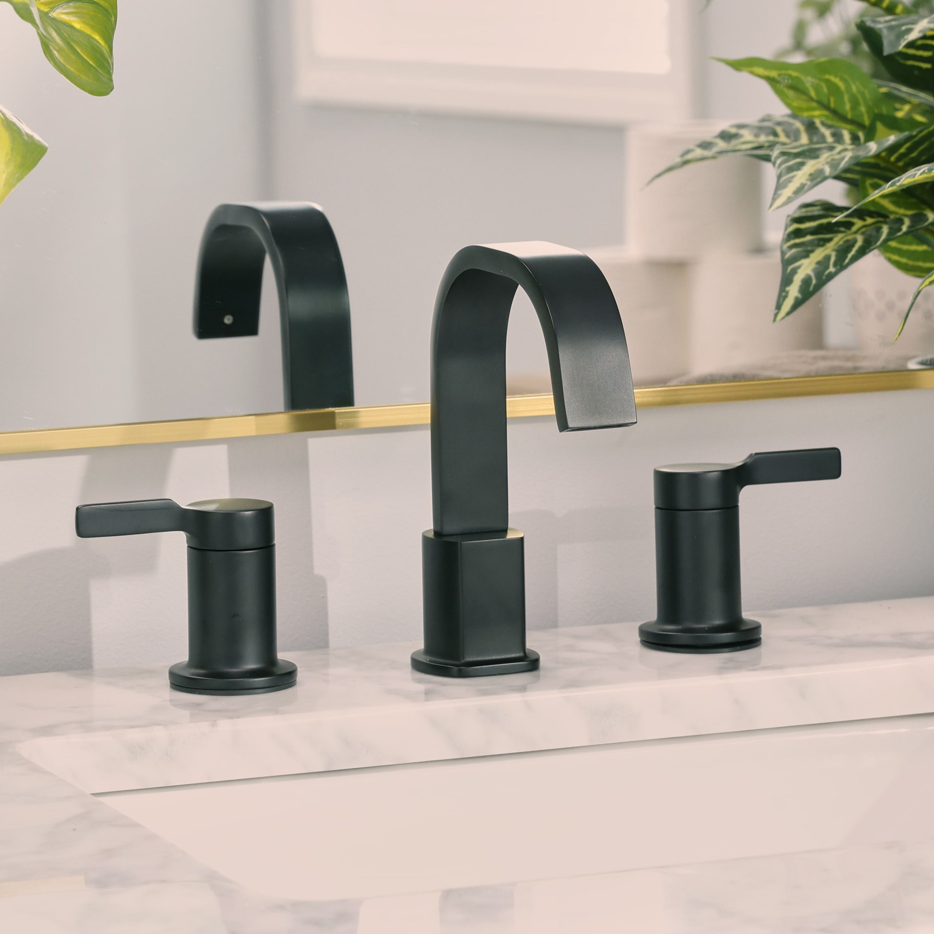 slide 5 of 6, allen + roth Veda Matte Black Widespread 2-handle WaterSense High-arc Residential Handle Bathroom Sink Faucet with Drain, 1 ct