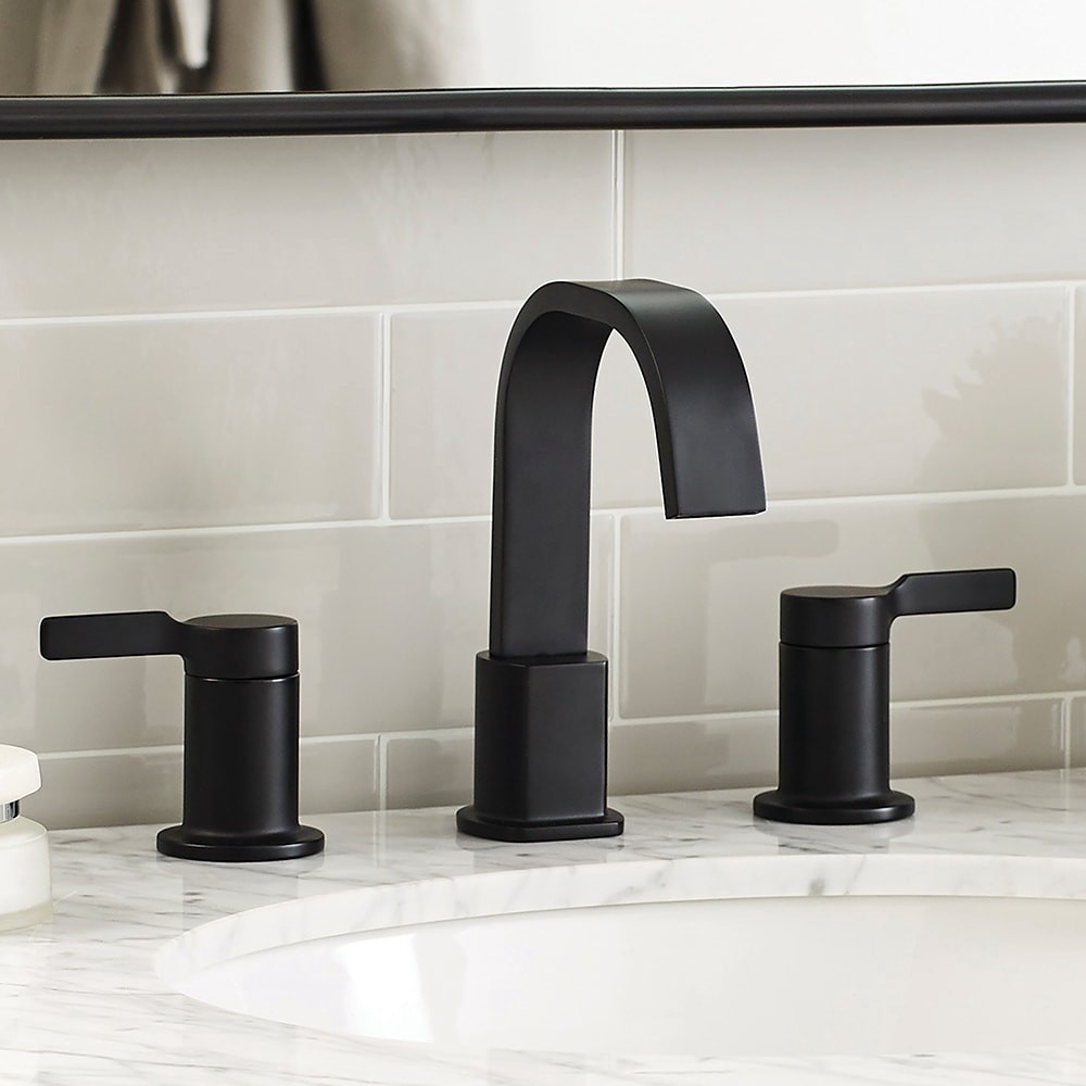 slide 1 of 6, allen + roth Veda Matte Black Widespread 2-handle WaterSense High-arc Residential Handle Bathroom Sink Faucet with Drain, 1 ct