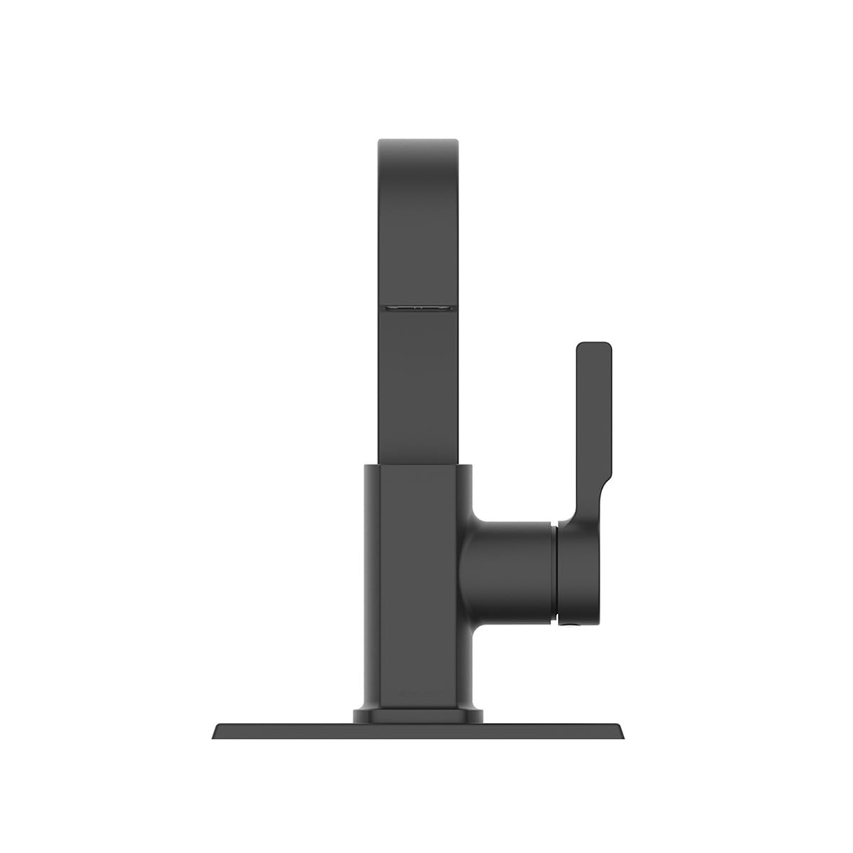 slide 4 of 6, allen + roth Veda Matte Black Single hole 1-handle WaterSense High-arc Residential Handle Bathroom Sink Faucet with Drain with Deck Plate, 1 ct