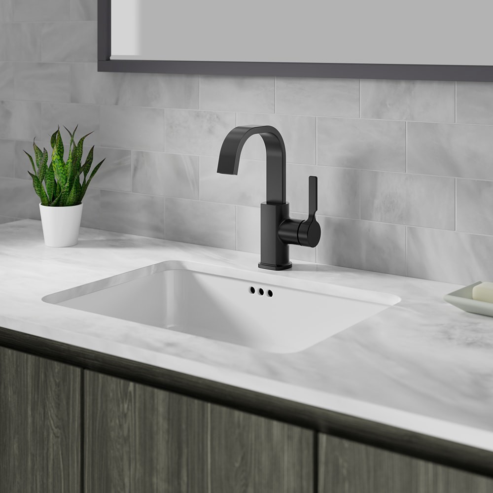 slide 5 of 6, allen + roth Veda Matte Black Single hole 1-handle WaterSense High-arc Residential Handle Bathroom Sink Faucet with Drain with Deck Plate, 1 ct