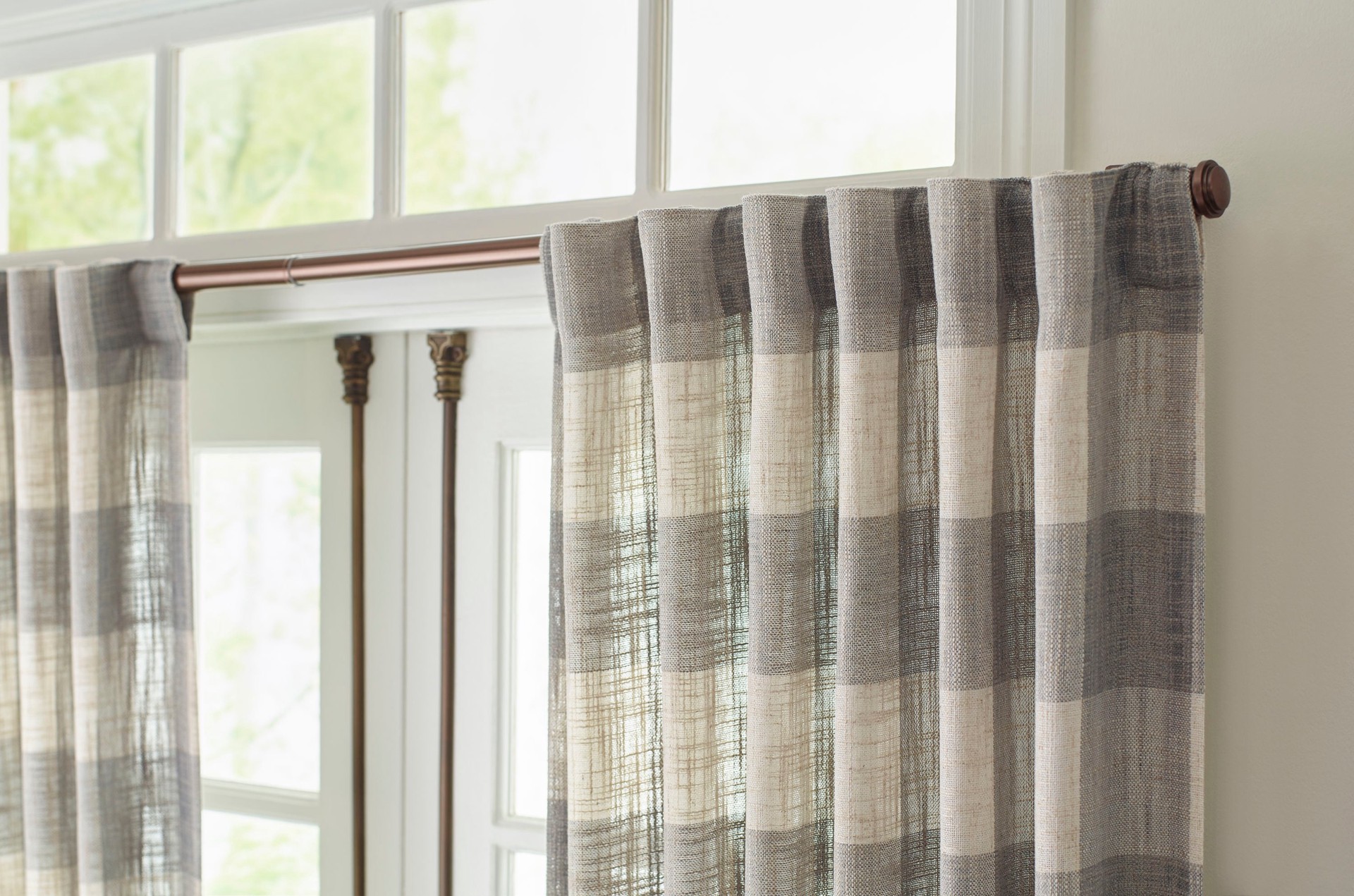 slide 2 of 6, allen + roth 95-in Grey Plaid Light filtering Back tab Single curtain panel, 1 ct