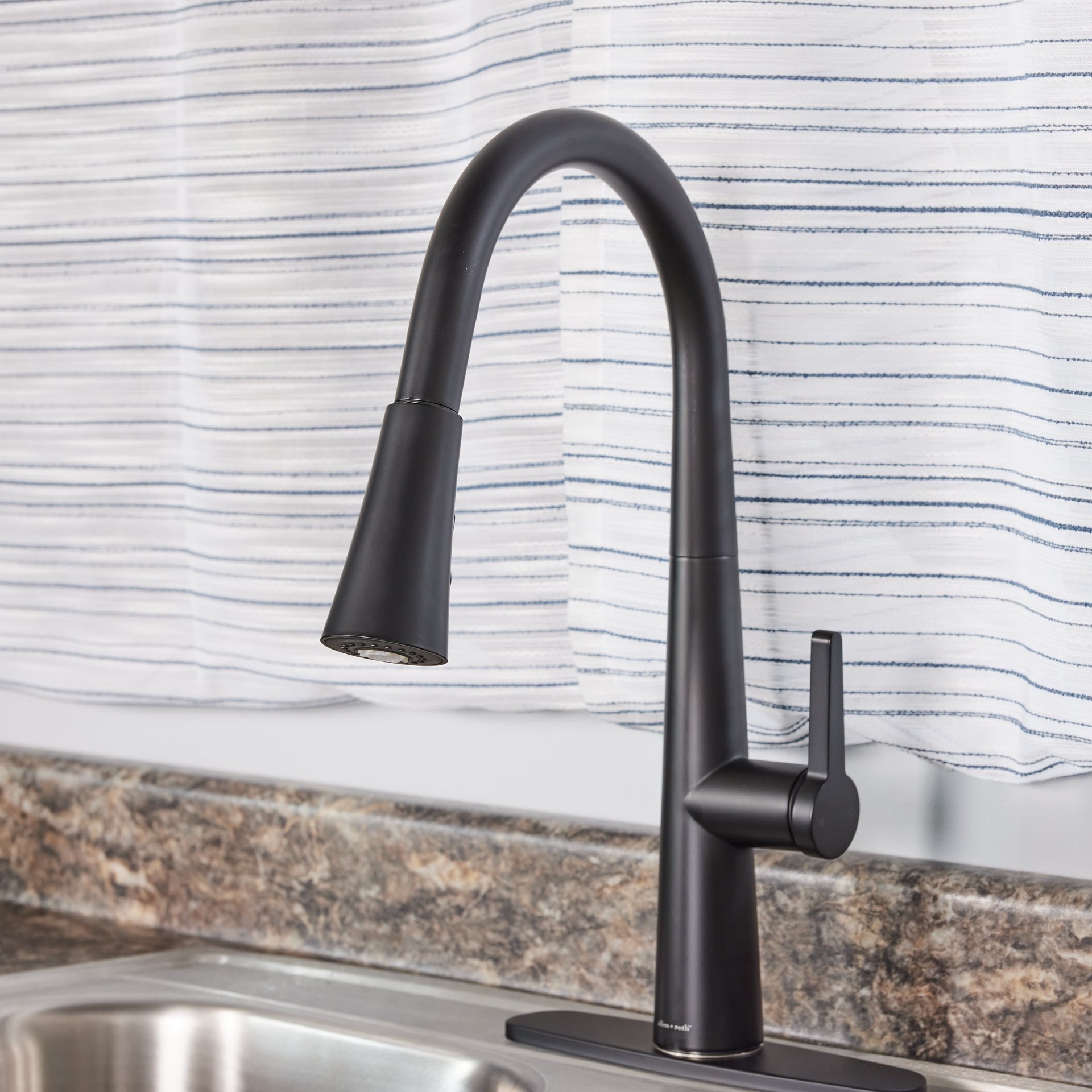 slide 5 of 6, allen + roth Bryton Matte black Single Handle Deck-mount Pull-down Kitchen Faucet with Sprayer (Includes Deck Plate), 1 ct