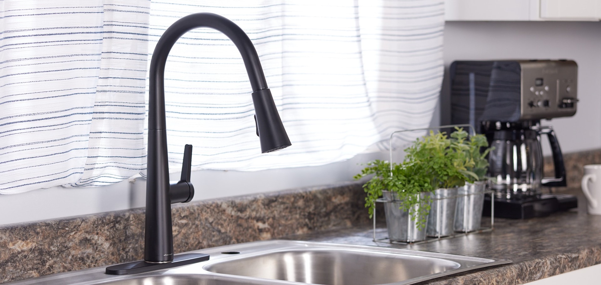 slide 2 of 6, allen + roth Bryton Matte black Single Handle Deck-mount Pull-down Kitchen Faucet with Sprayer (Includes Deck Plate), 1 ct