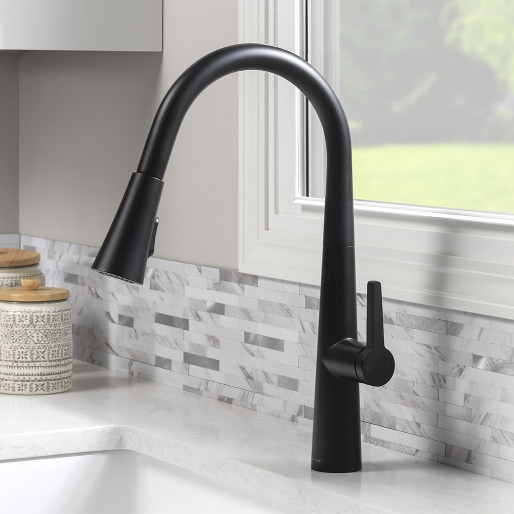 slide 1 of 6, allen + roth Bryton Matte black Single Handle Deck-mount Pull-down Kitchen Faucet with Sprayer (Includes Deck Plate), 1 ct